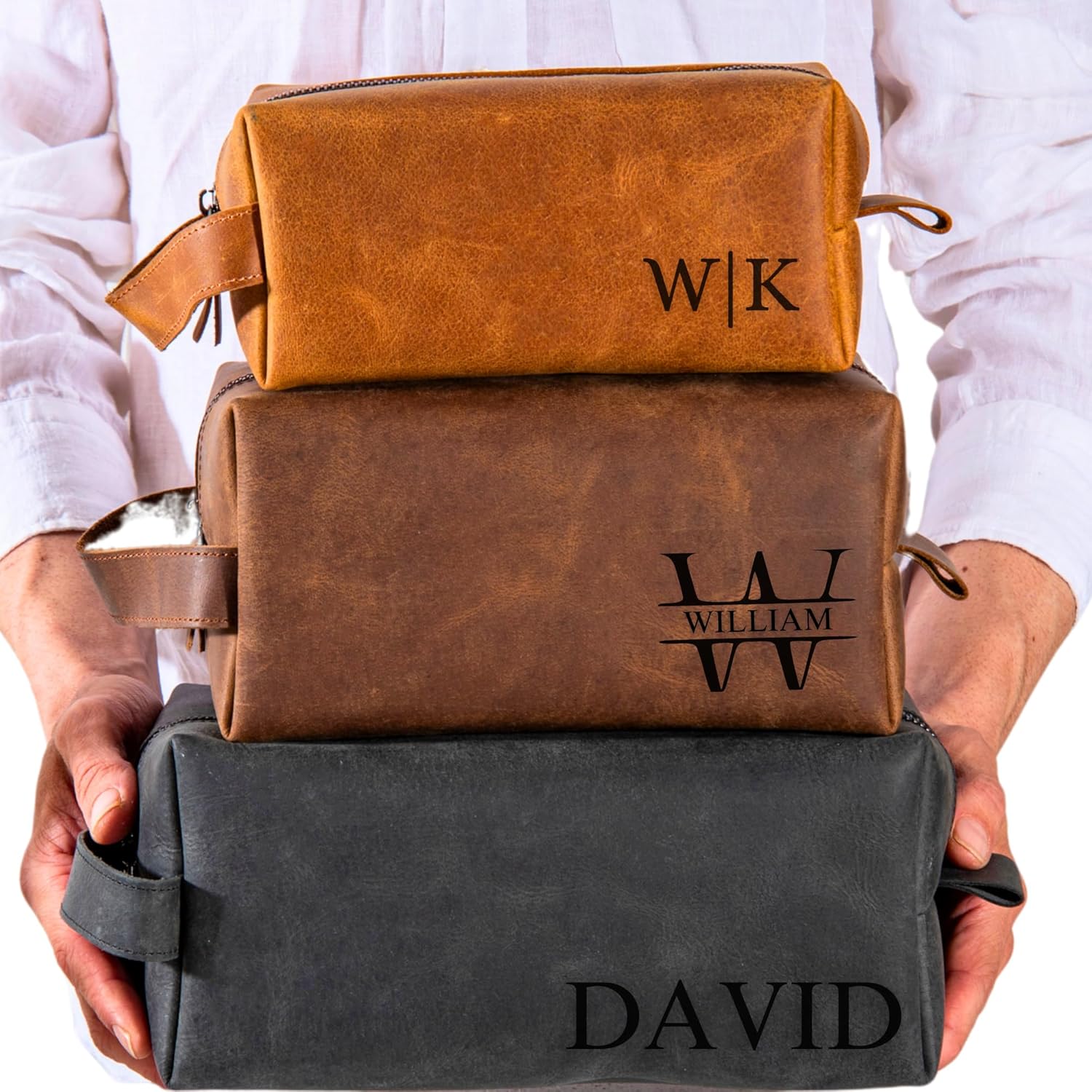 Personalized Leather Toiletry Bag for Men – Custom Shaving Dopp Kit with Name or Initial, Travel Gift for Groomsmen