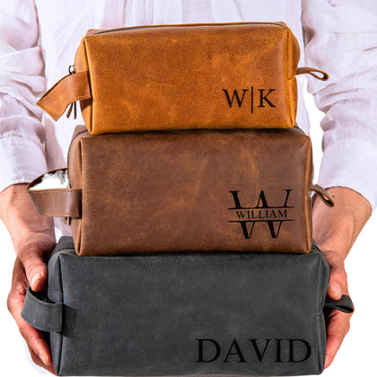 Personalized Leather Toiletry Bag for Men – Custom Shaving Dopp Kit with Name or Initial, Travel Gift for Groomsmen