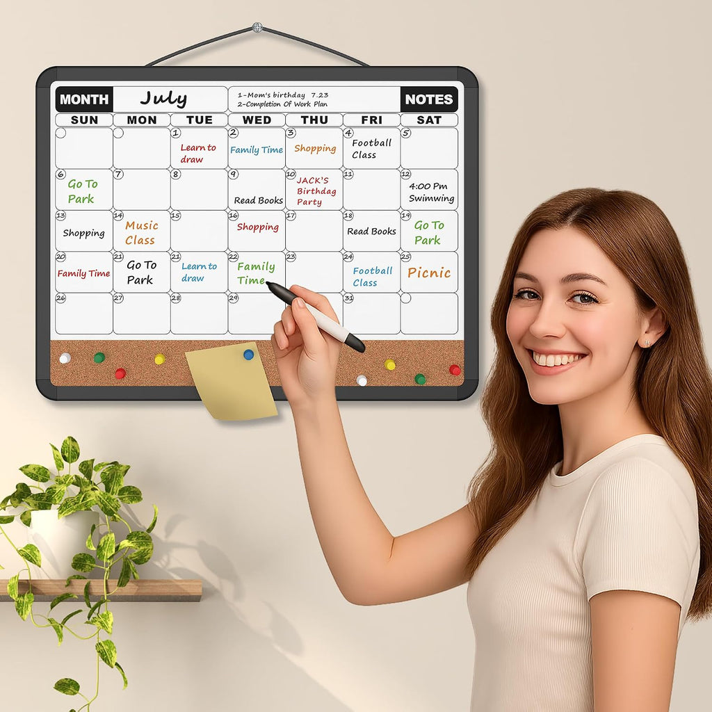 Monthly Calendar Dry Erase Board 16x12 Inch, Double-Sided Whiteboard and Corkboard Combo with Black Plastic Frame