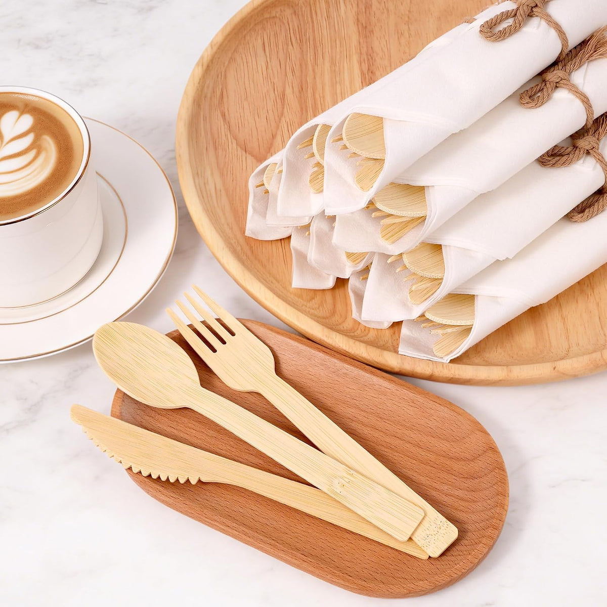 Pre-Rolled Bamboo Cutlery Set, Compostable Utensils with Napkins