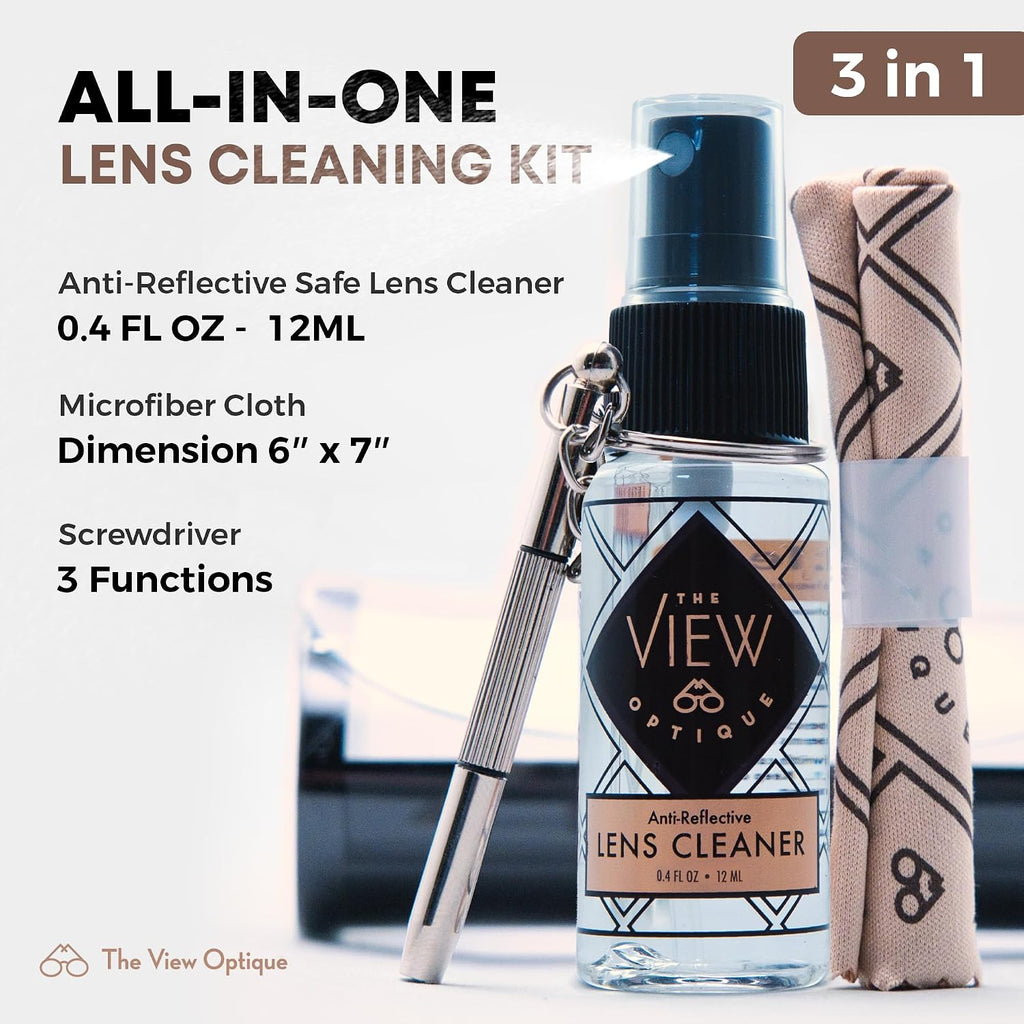 Anti-Reflective Lens Cleaner & Repair Kit – 0.4oz Glasses Cleaner Spray, Microfiber Cloth & Keychain Screwdriver in a