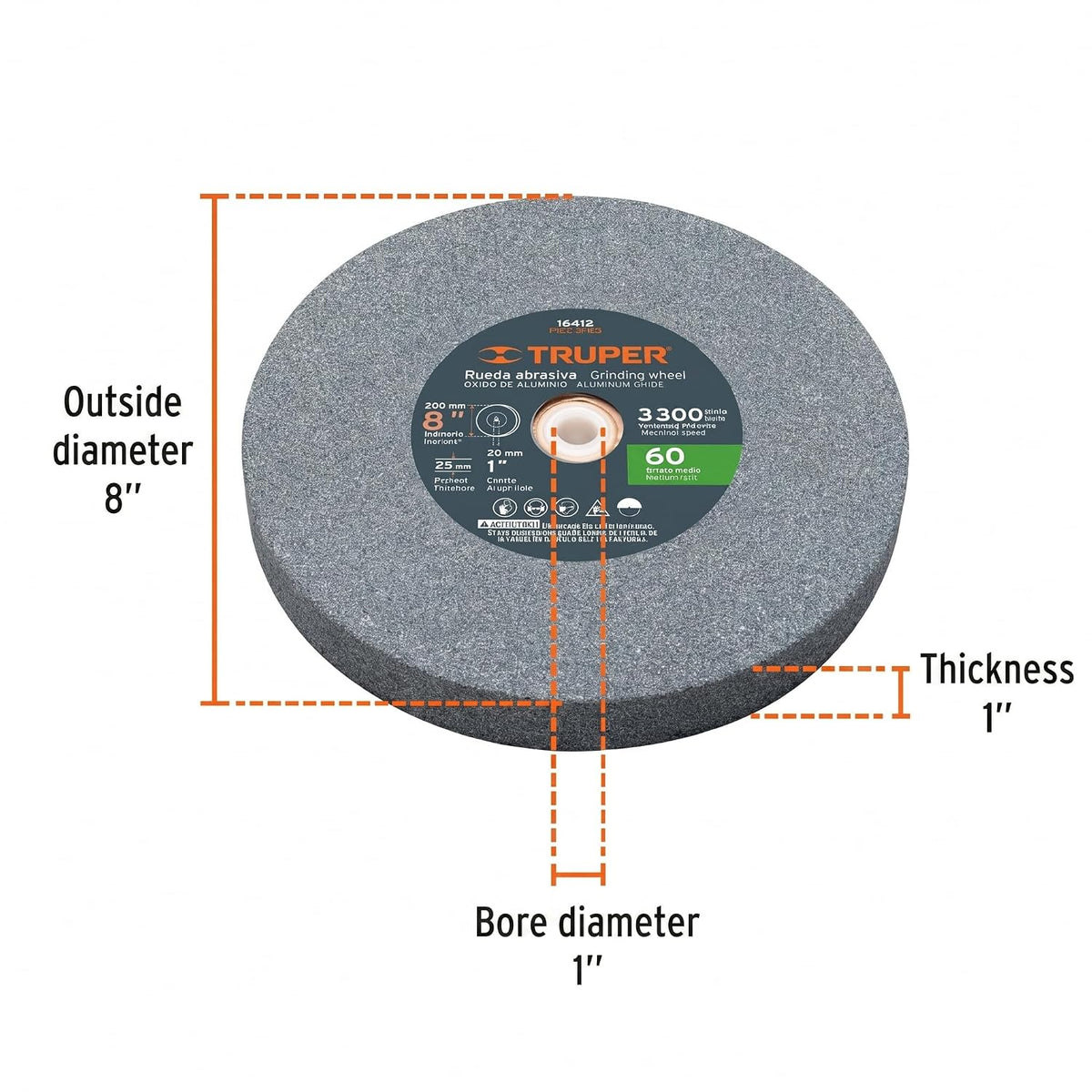 Truper 8-Inch Bench Grinding Wheel, 1-Inch Width, 60 Grit Aluminum Oxide, Heavy-Duty Sharpening and Deburring Wheel (Model PIES-8160/16412)