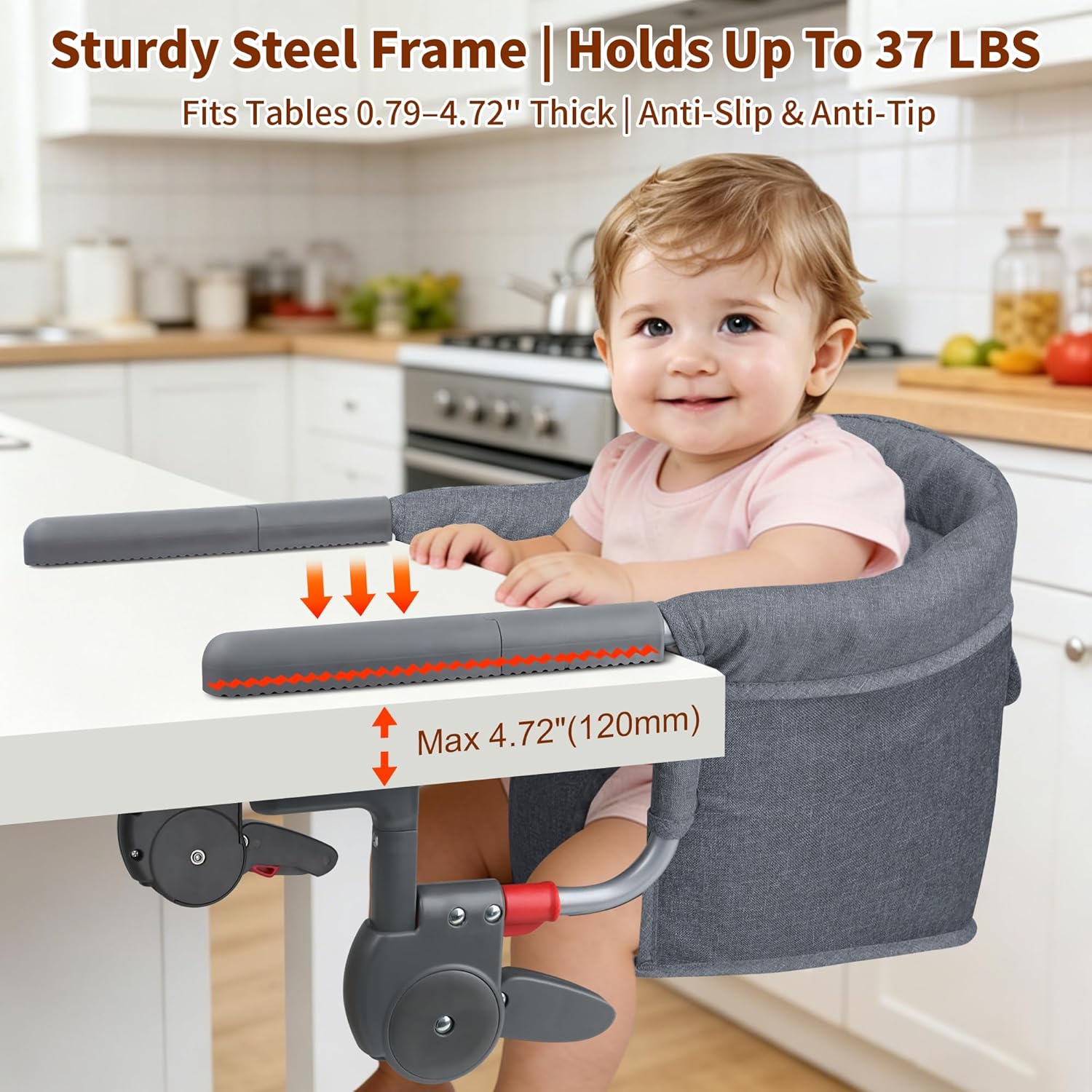Premium Hook On High Chair, One-Pull Quick Install No Twisting, Heavy Duty Steel Frame, Safe Materials Clip on Table