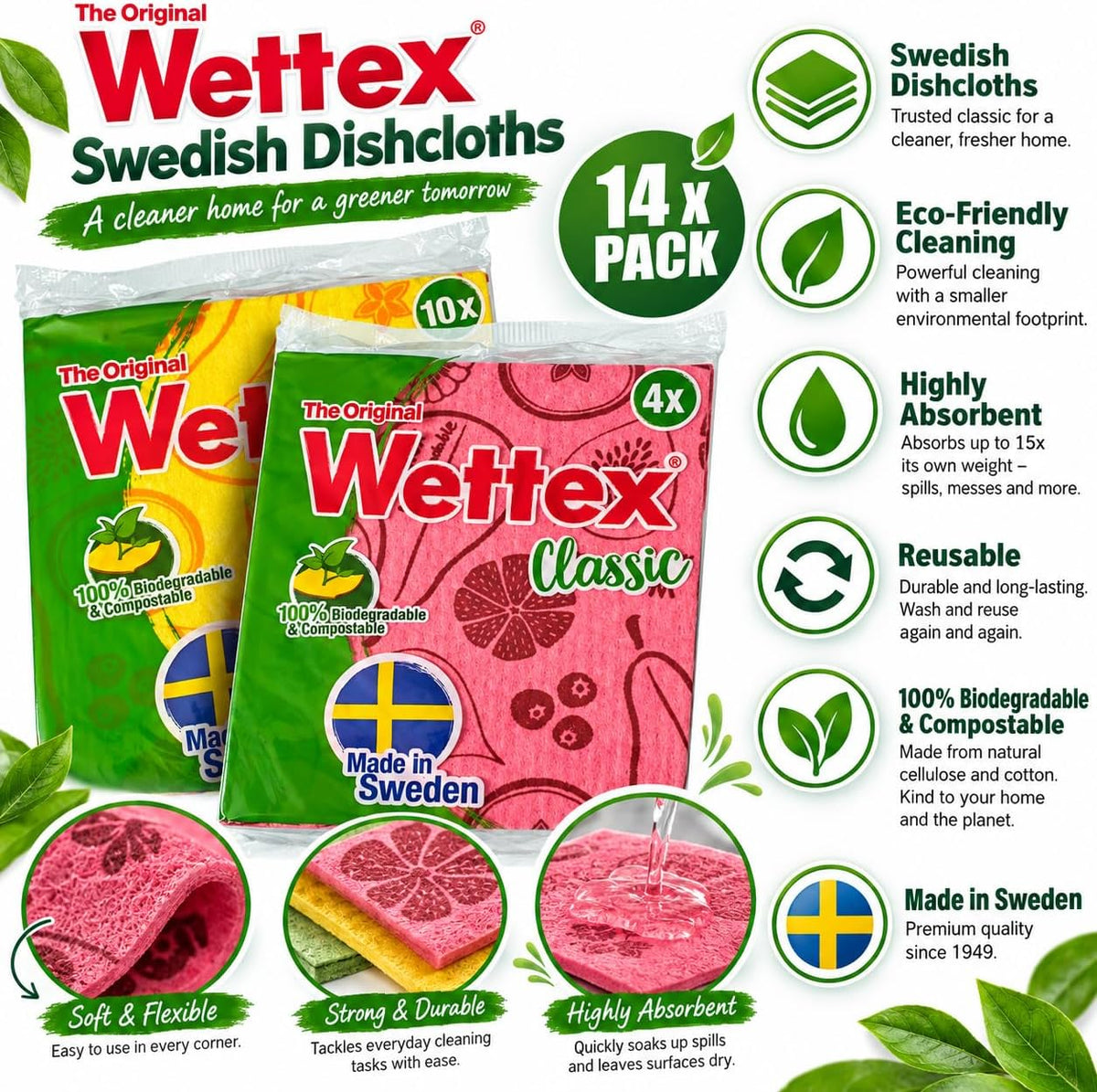 The Original 14 Pack Swedish Dishcloth for Kitchen - Eco Friendly Reusable Paper Towels - Assorted Dish Cloths for