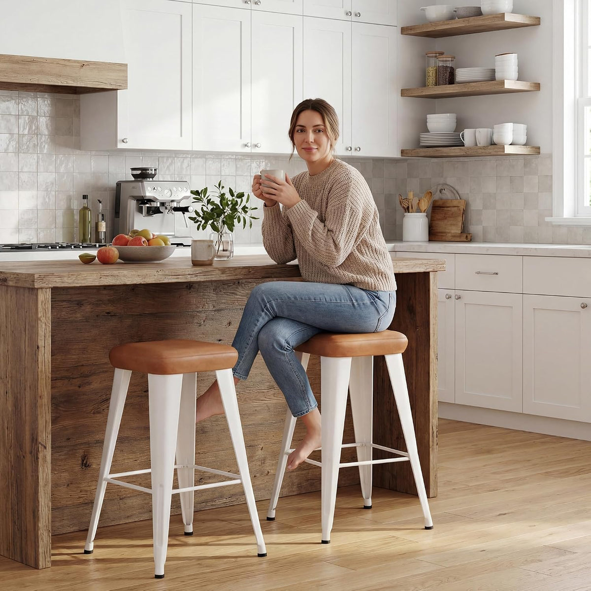 Backless Bar Stools Set of 4, 24" Brown PU Leather Barstools
