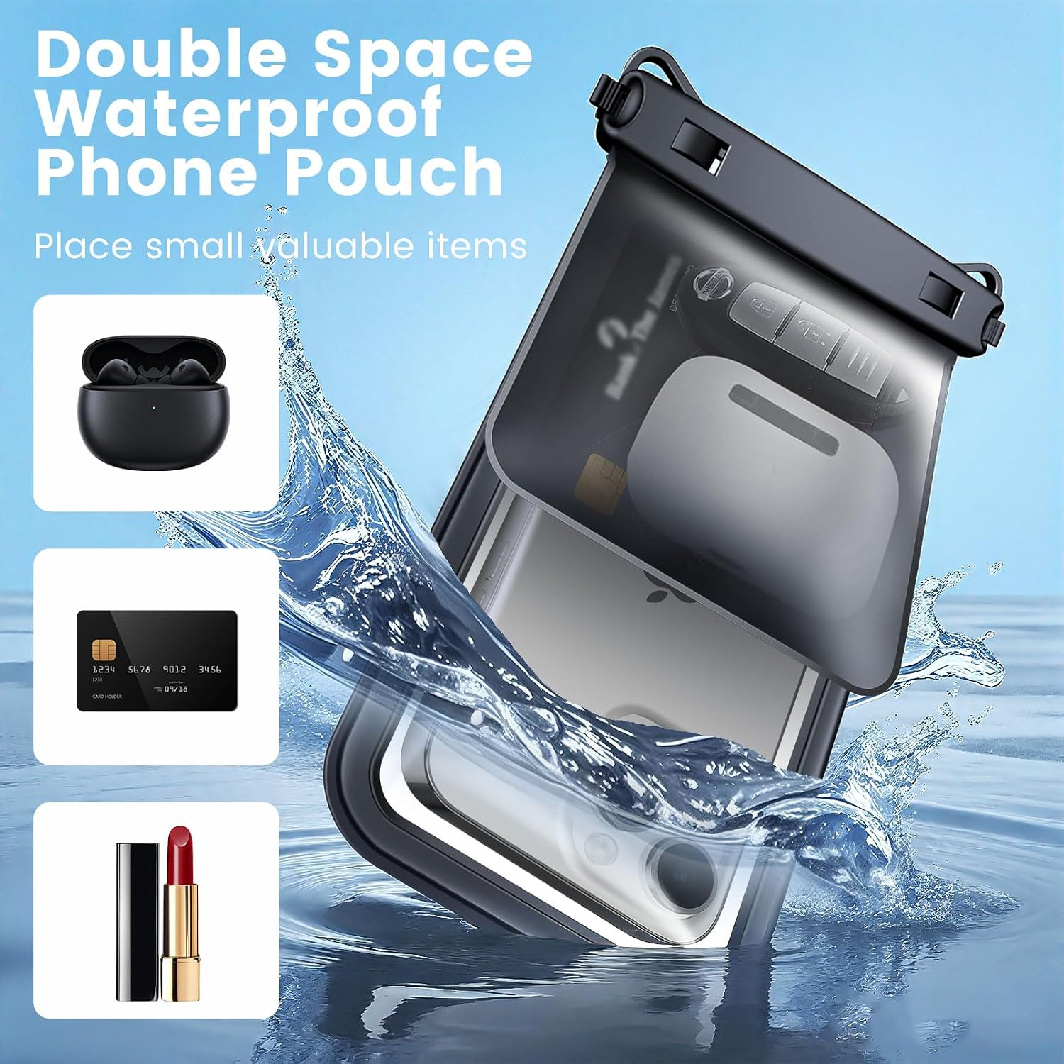 IPX8 Waterproof Phone Pouch 2 Pack, [Up to 8.5''] Double Space Waterproof Phone Case with Lanyard for iPhone 17 16 15