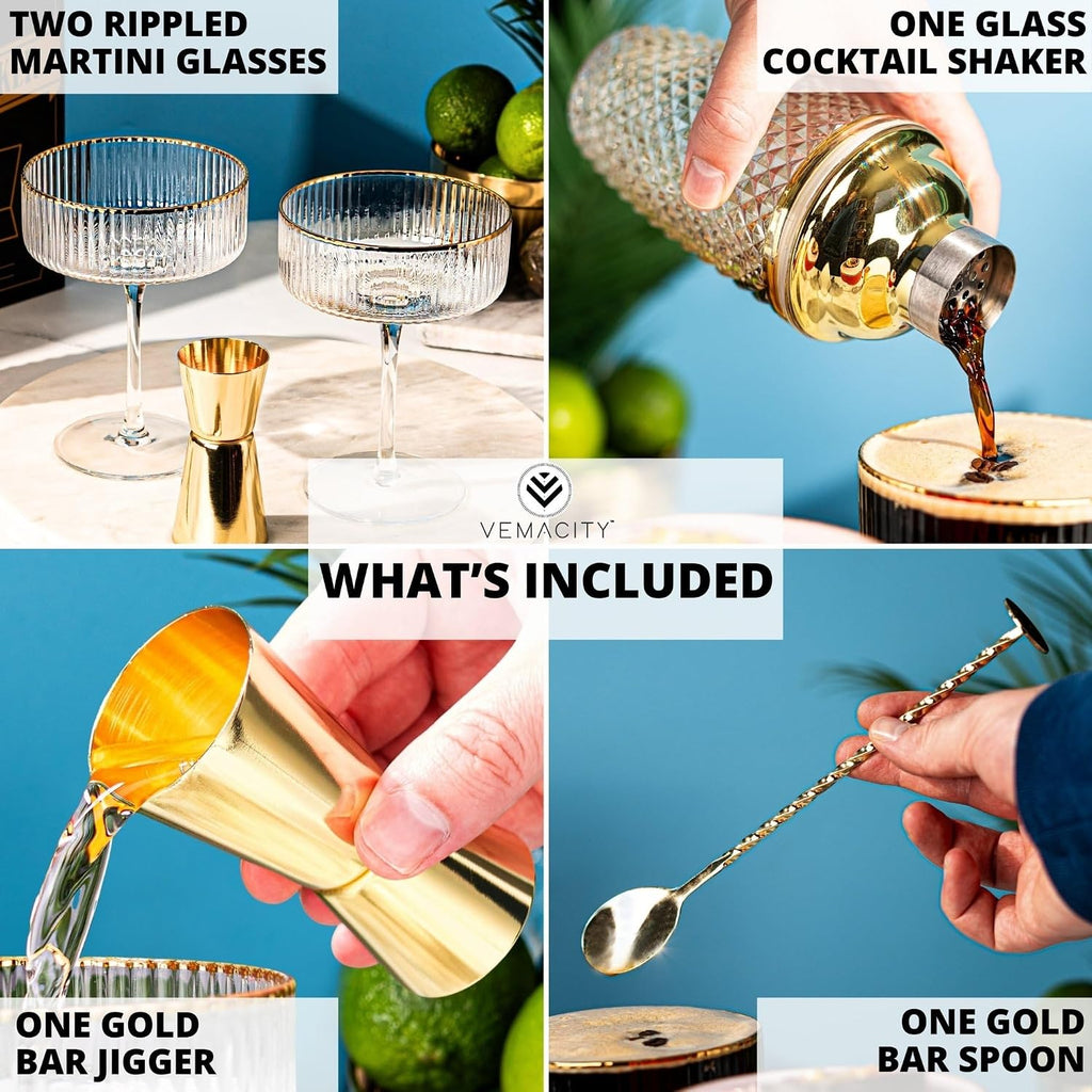 Luxury Espresso Martini Gifts | Gold Cocktail Shaker Set + 2 Espresso Martini Glasses - Cocktail Kit with Built-in