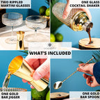 Luxury Espresso Martini Gifts | Gold Cocktail Shaker Set + 2 Espresso Martini Glasses - Cocktail Kit with Built-in