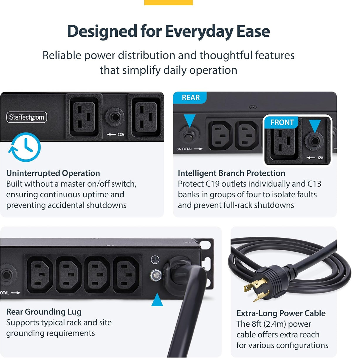 StarTech 20-Outlet 1U PDU, C13 & C19, 30A 240V, TAA (2030B8H-RACK-PDU-IC)
