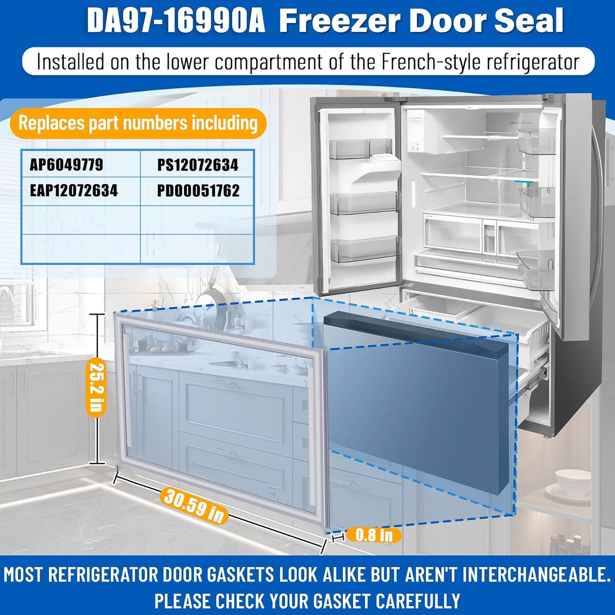 30.6"×25" DA97-16990A Freezer Door Gasket Replacement for Samsung