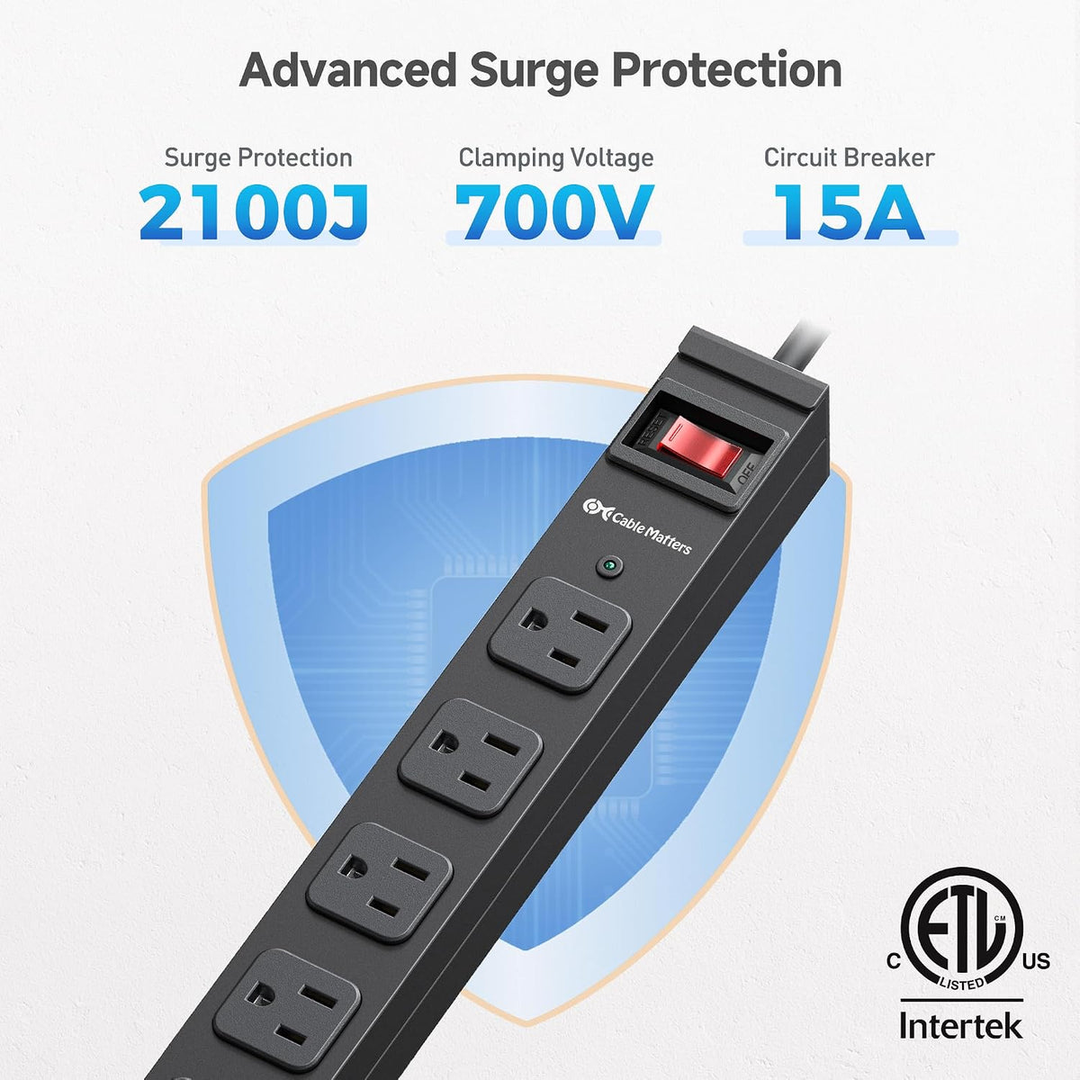 [ETL Certified] Cable Matters 12-Outlet Surge Protector Power Strip, 8ft | Wall-Mountable, Metal, 2100J, 15A Circuit