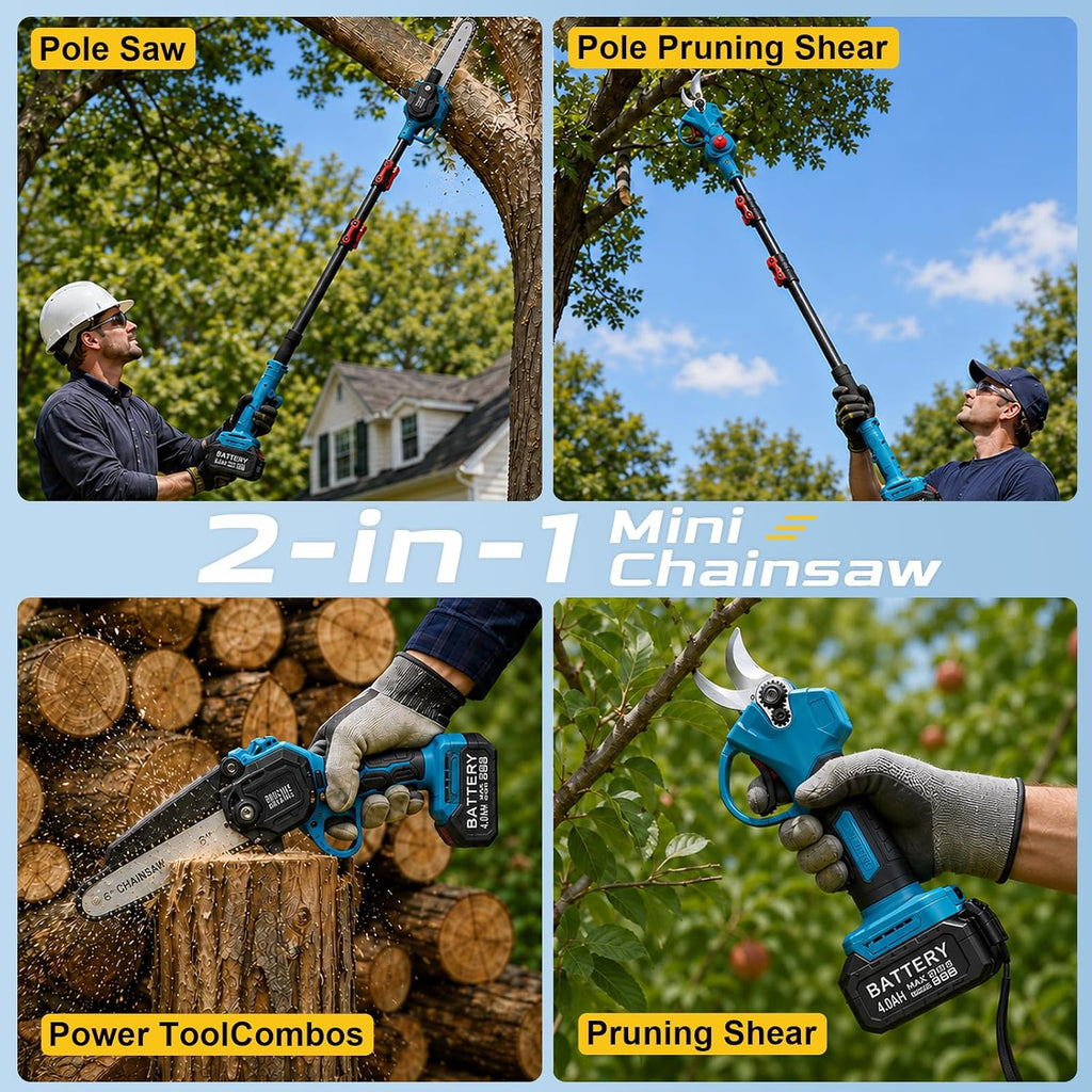 Full-size 6-Inch 4-in-1 Cordless Pole Saw & Mini Chainsaw, 21V Brushless Electric Tree Trimmer with 15FT Reach