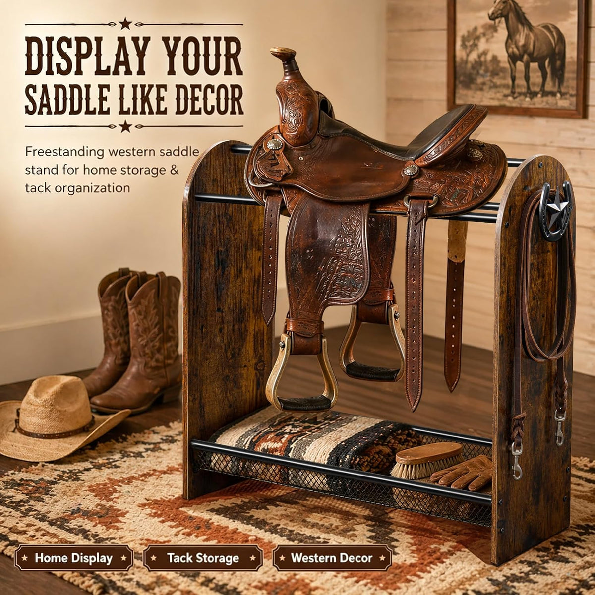 Saddle Rack Stand, Freestanding Horse Saddle Holder with Mesh Shelf, Hooks