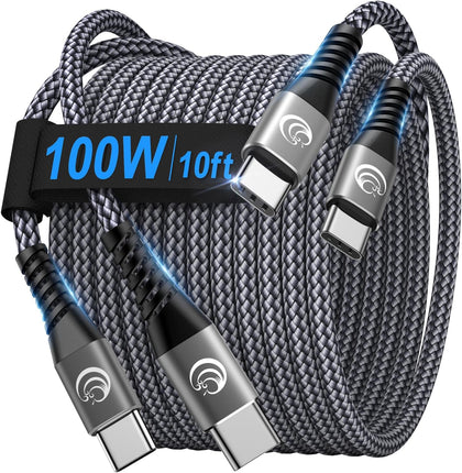 USBC to USBC 100W [10ft/2 Pack] USB C to USB C Fast Charging Cable Braided C to C Charger Cord for MacBook Pro/Air
