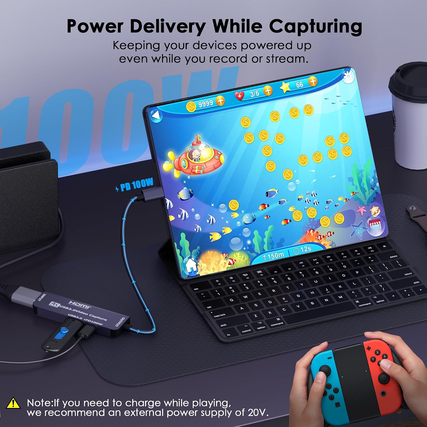USB 3.0 Video Capture Card with PD 100W, Recording 4K, 1080P 60FPS, HDMI to USB-A/USB-C Capture Card with USB 3.0