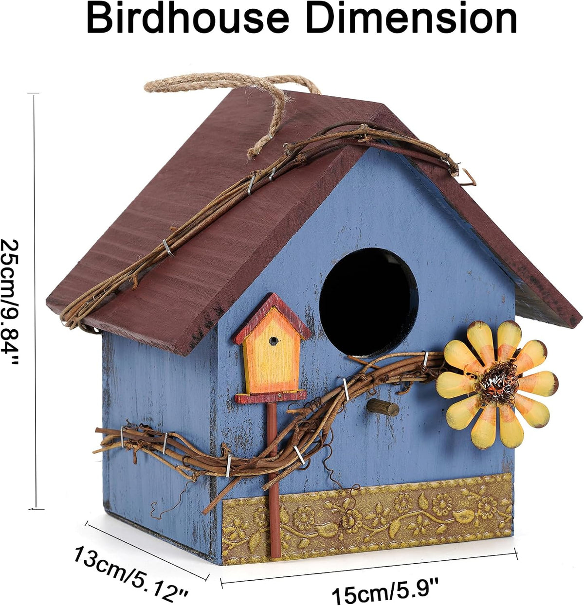 Blue Wooden Hanging Bird House Feeder for Outside Garden Wild Birds