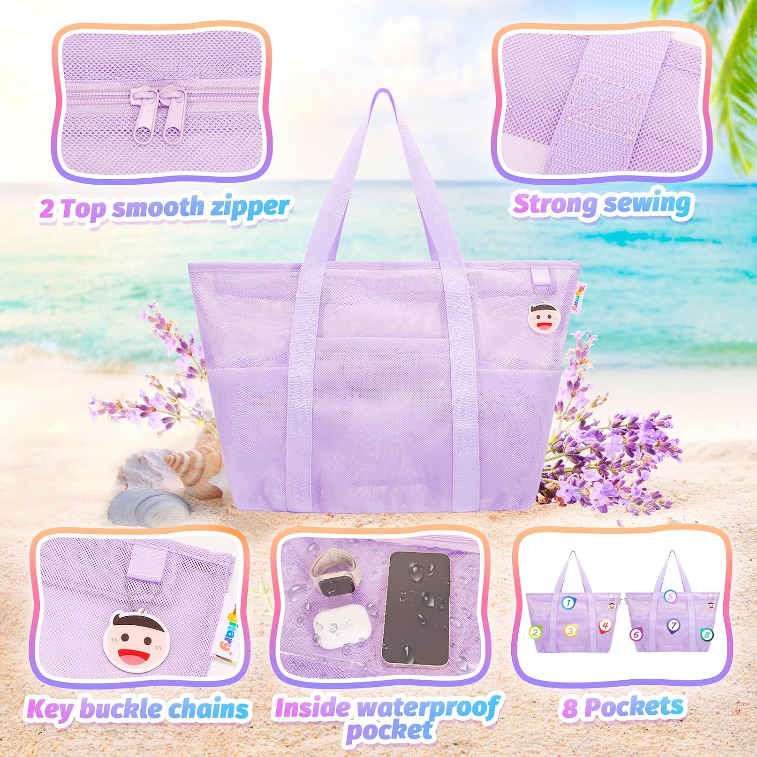 Beach Toys for Kids and Mesh Beach Bag with Zipper, Large Beach Tote with 8 Pockets, Sand Toys Storage Pool Bag Beach