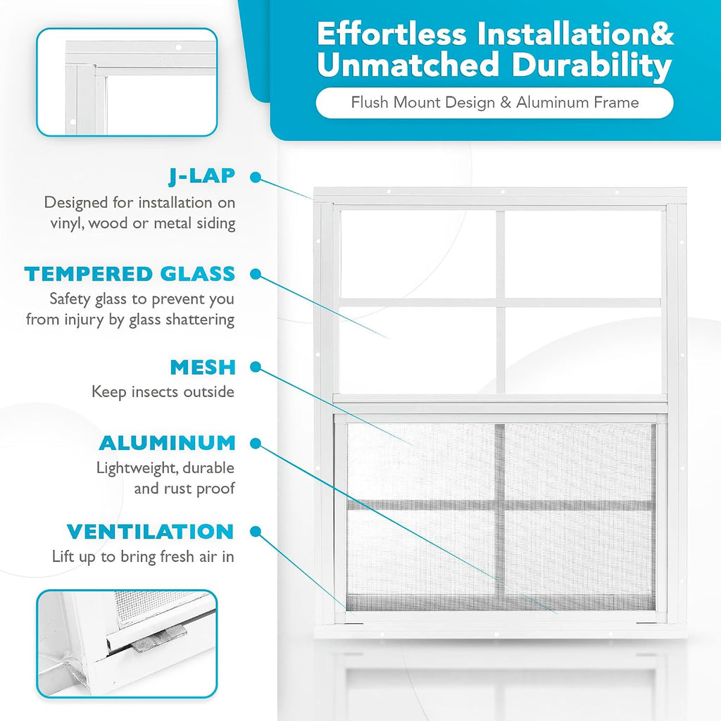 2 Pack Shed Window 14" x 21" - Ultra Thick White Aluminum Flush Mount with Tempered Glass and Screen - Shed Windows