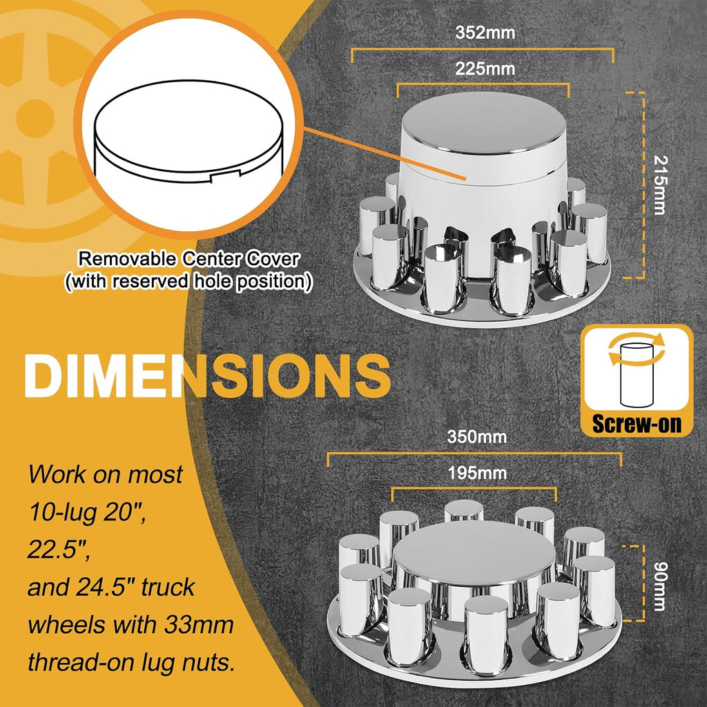 Axle Cover Chrome ABS Flat Top Combo Kit with 33mm Thread-on Lug Nut Covers 2 Front and 4 Rear Axle Wheel Covers and