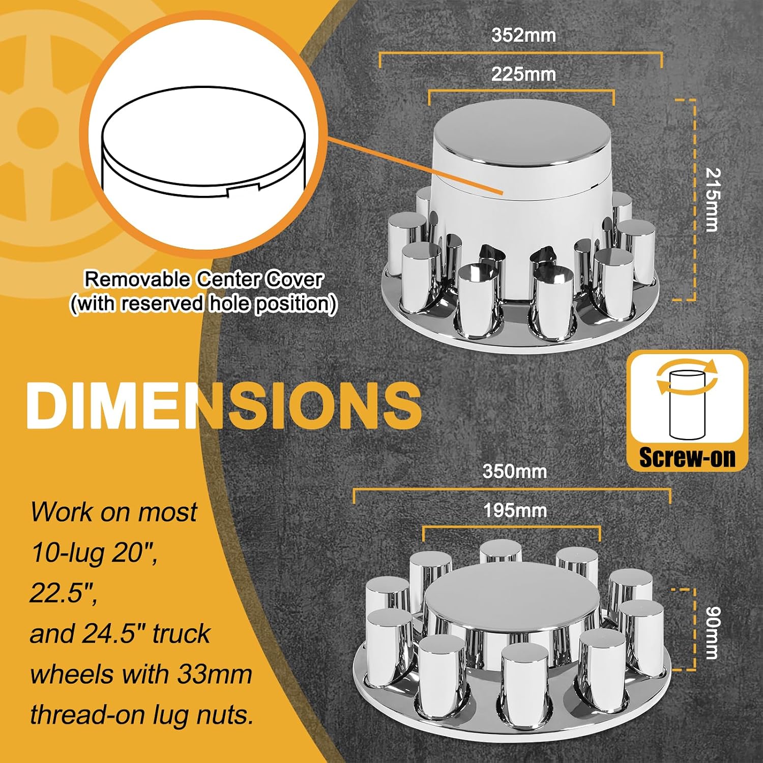 Axle Cover Chrome ABS Flat Top Combo Kit with 33mm Thread-on Lug Nut Covers 2 Front and 4 Rear Axle Wheel Covers and