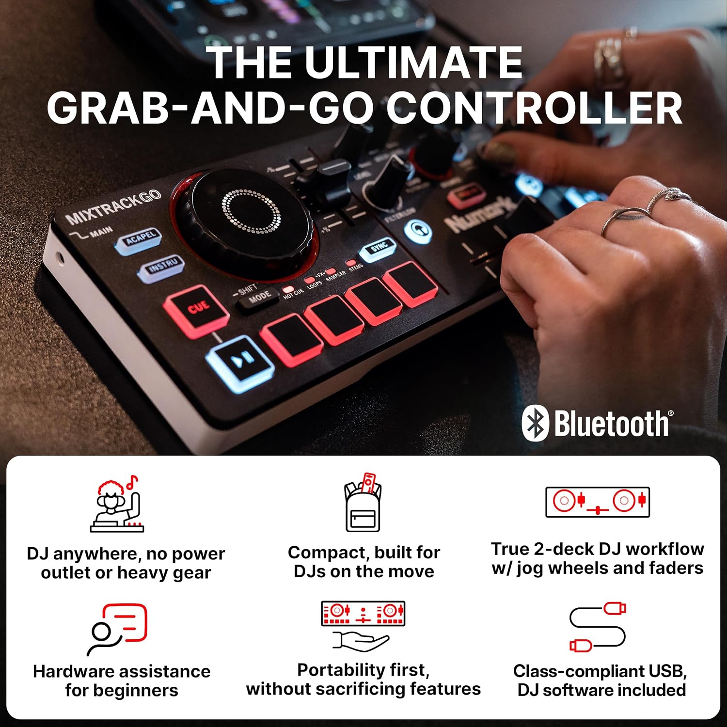 MixTrack Go Compact Bluetooth DJ Controller with Stems Control | 2-Deck DJ Mixer, for Beginners & Mobile DJs, Smart