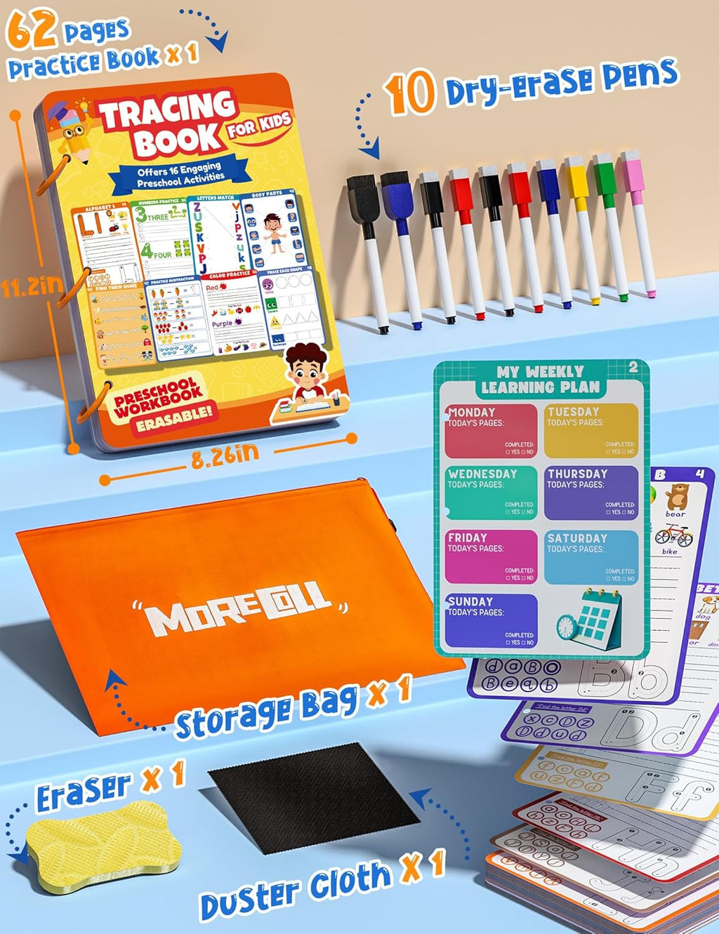 Preschool Learning Activities Educational Workbook, 62 Reusable Pages Pre Kindergarten Workbooks, Number Letter