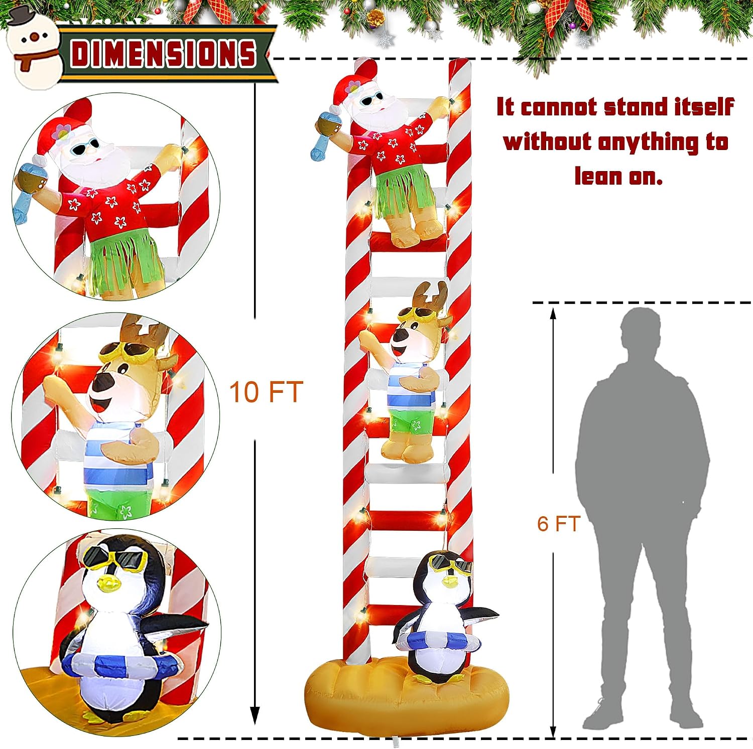 10FT Christmas Inflatable, Hawaii Beach Themed Giant Ladder | Lighted Blowups, Climbed with Penguin, Reindeer, Santa