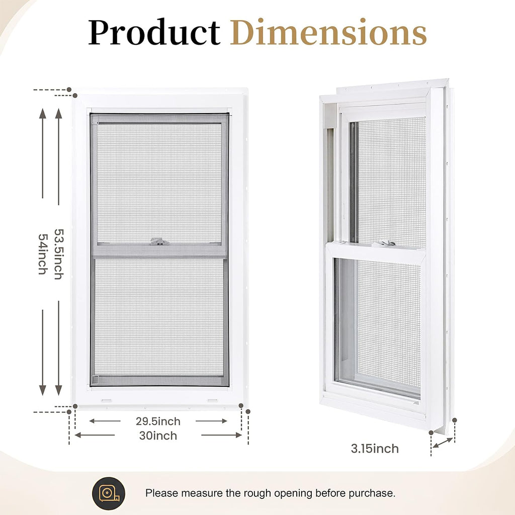 Vinyl Double Hung Sliding Window 30x54, Double Pane Glass, White