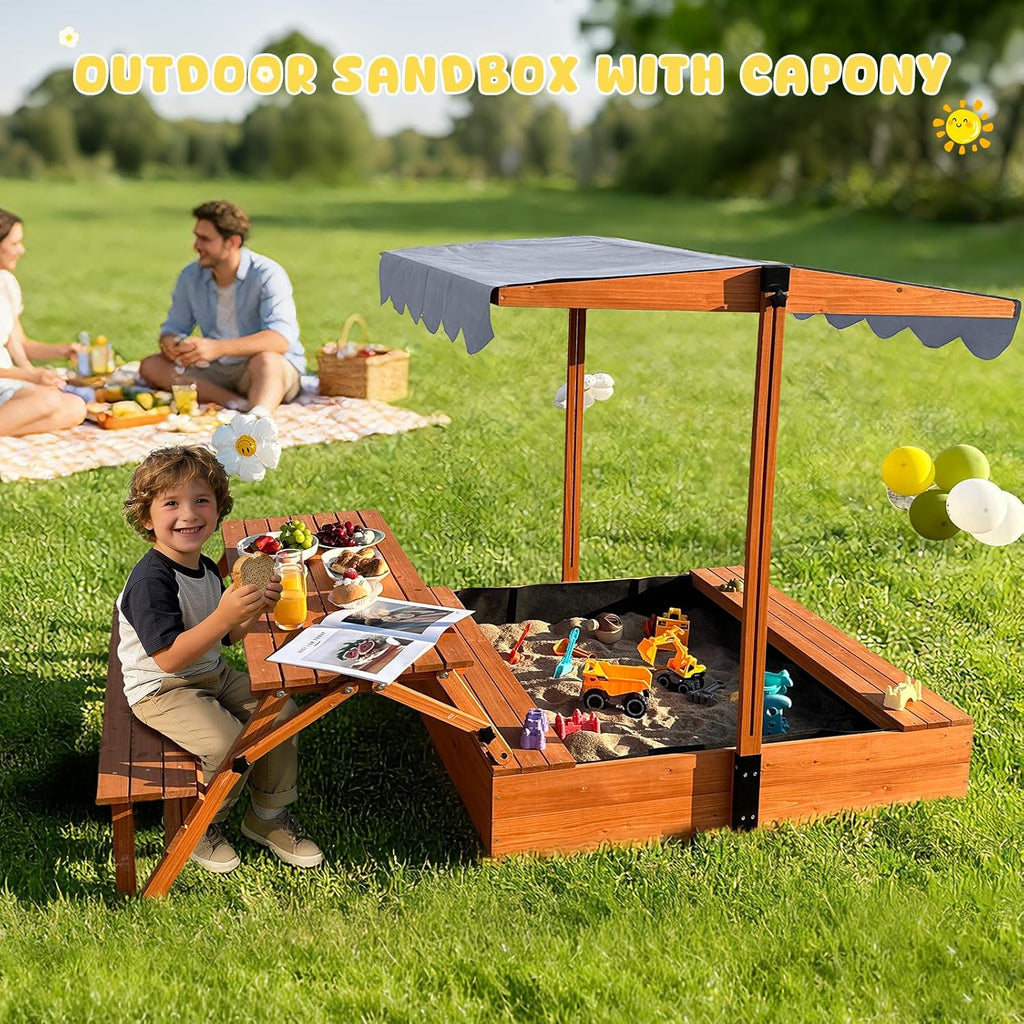 Wooden Sandbox with Lid, Outdoor Sandbox with Foldable Picnic Table, Sandpit with UV-Resistant & Adjustable Capony