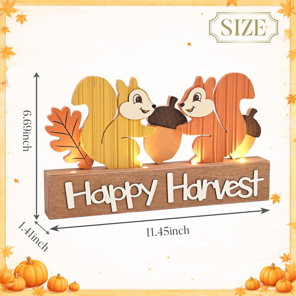 Fall Decorations for Home with LED Lights, Lighted Fall Decor Featuring Squirrel, Acorns and Oak Leaves, Autumn