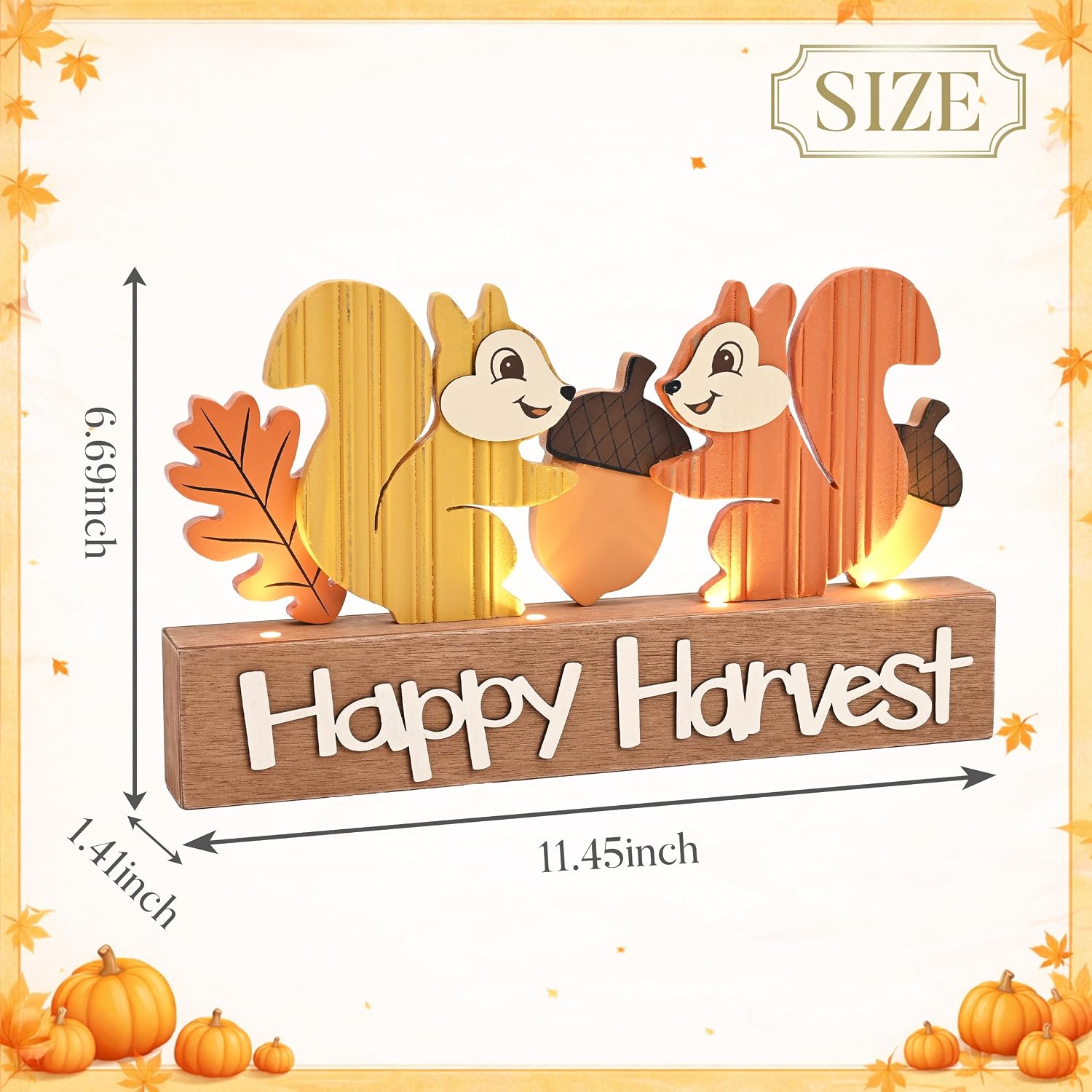 Fall Decorations for Home with LED Lights, Lighted Fall Decor Featuring Squirrel, Acorns and Oak Leaves, Autumn