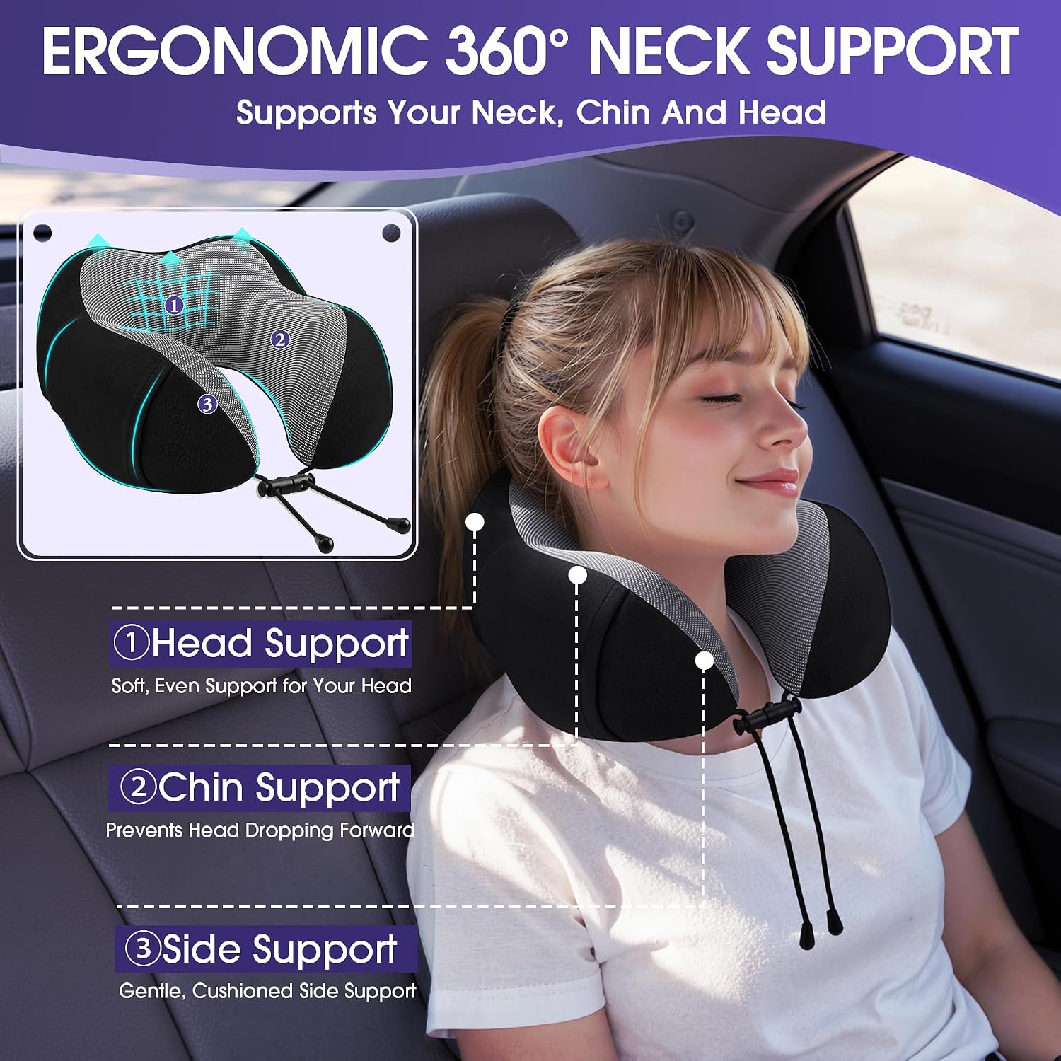 Travel Pillow for Airplane, Memory Foam Neck Pillow for Travel, Compact Flight Pillow with Eye Mask, Earplugs, Carry