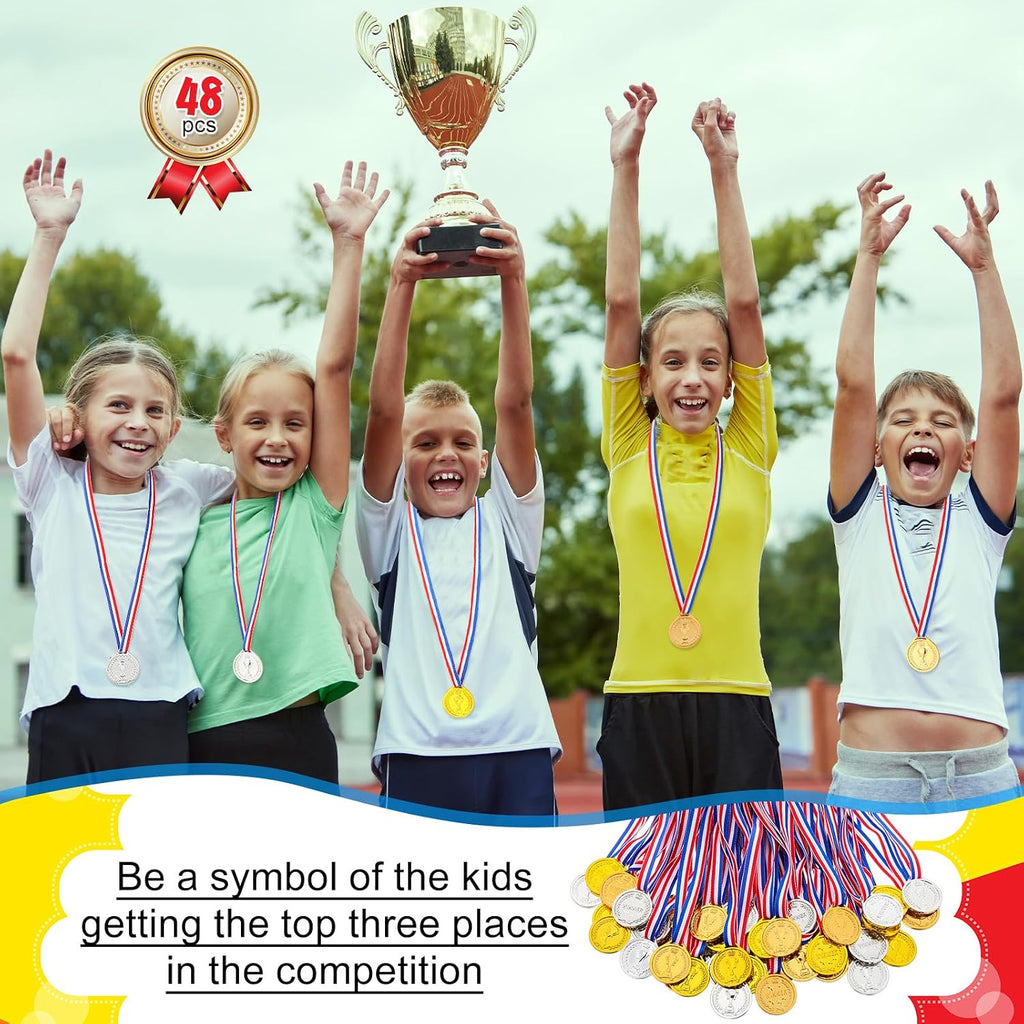 48 Pcs Gold Silver Bronze Plastic Medals for Kids Winner Award Medal Bulk 1st 2nd 3rd Place Prize Neck Ribbon for