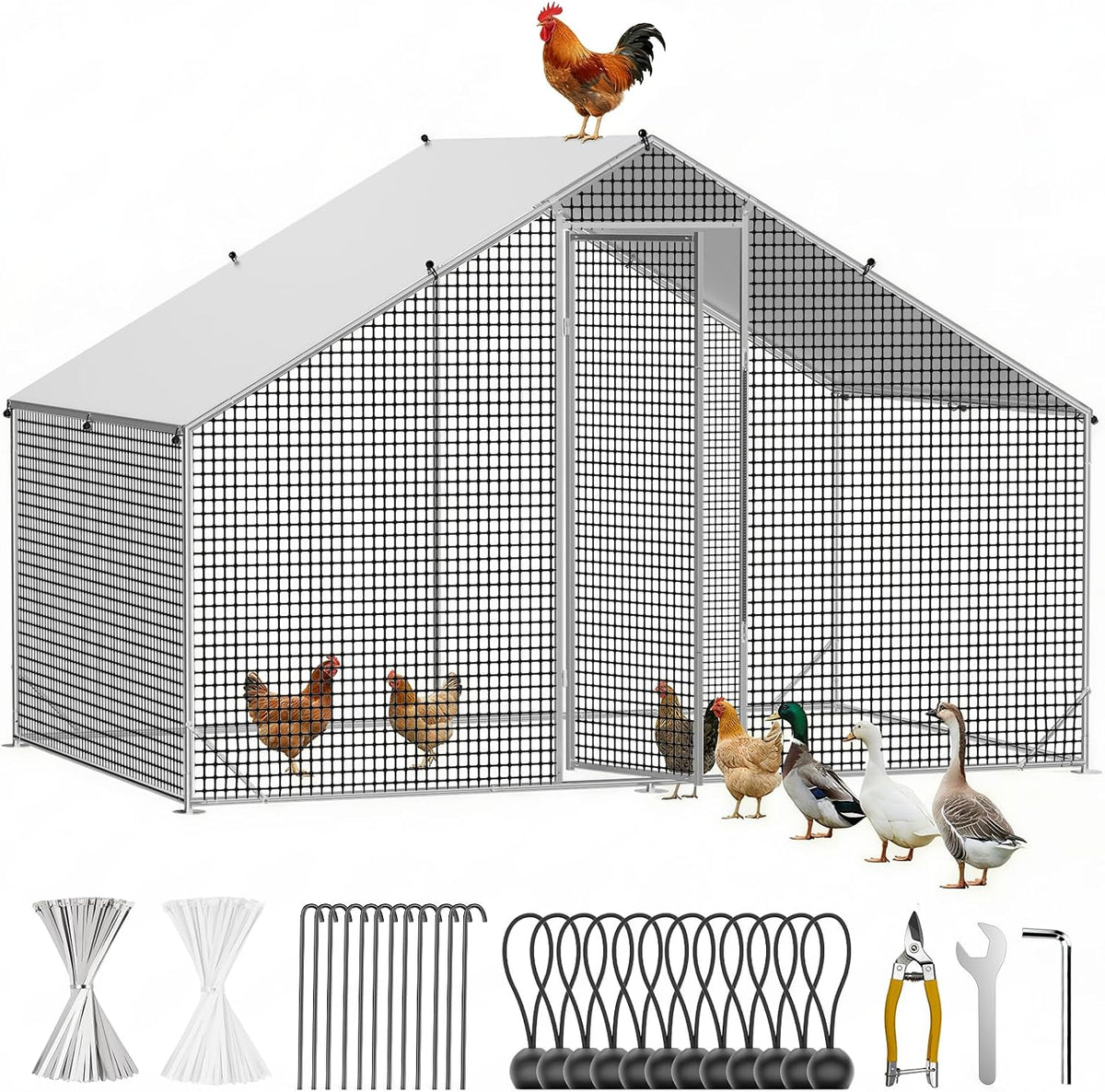 Walk in Chicken Coop, 9.8x6.6x6.6ft Chicken Run for Yard with Cover