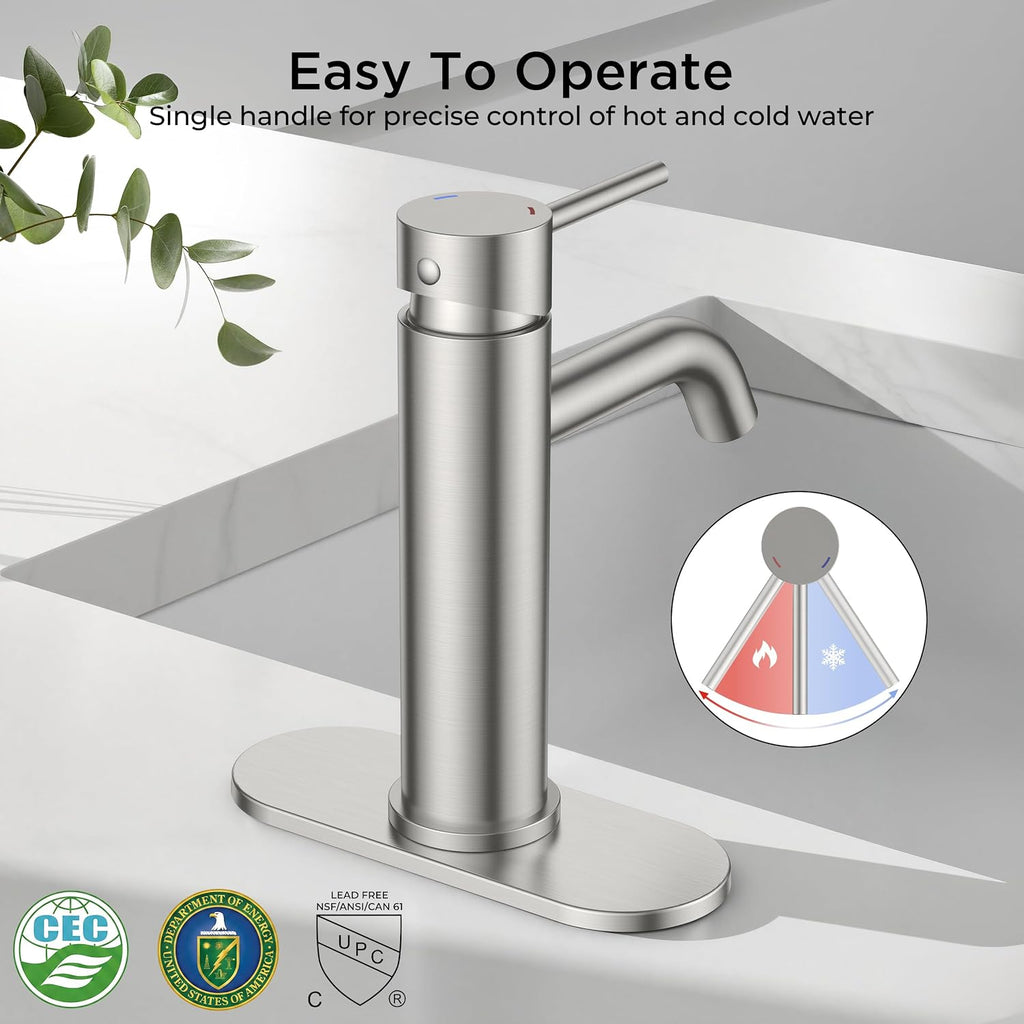 Bathroom Faucet 1 Hole, Single Handle Sink Faucets Brushed Nickel