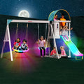 Amelia Galaxy Cedar Wooden Swing Set for Night Play with 2 LED Swings, Play Fort with Sandbox, Heavy Duty Double