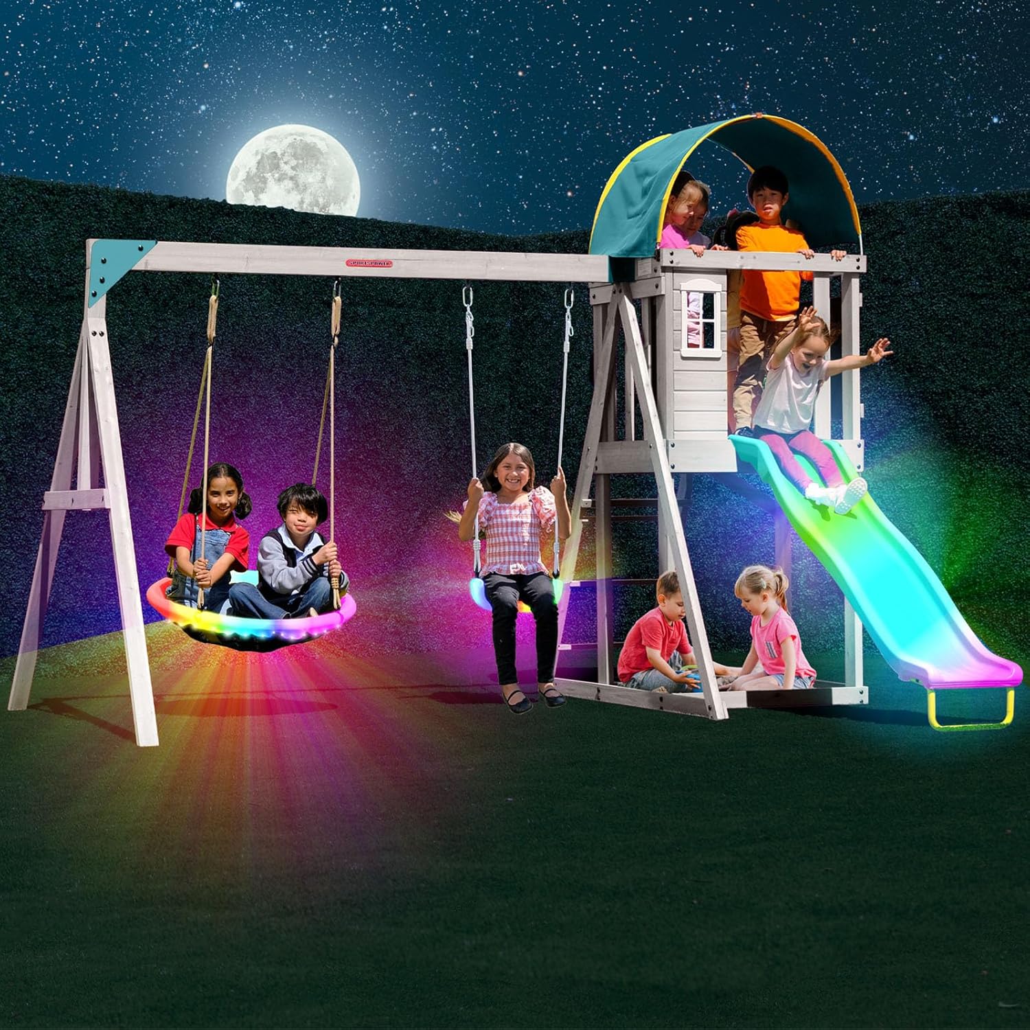 Amelia Galaxy Cedar Wooden Swing Set for Night Play with 2 LED Swings, Play Fort with Sandbox, Heavy Duty Double