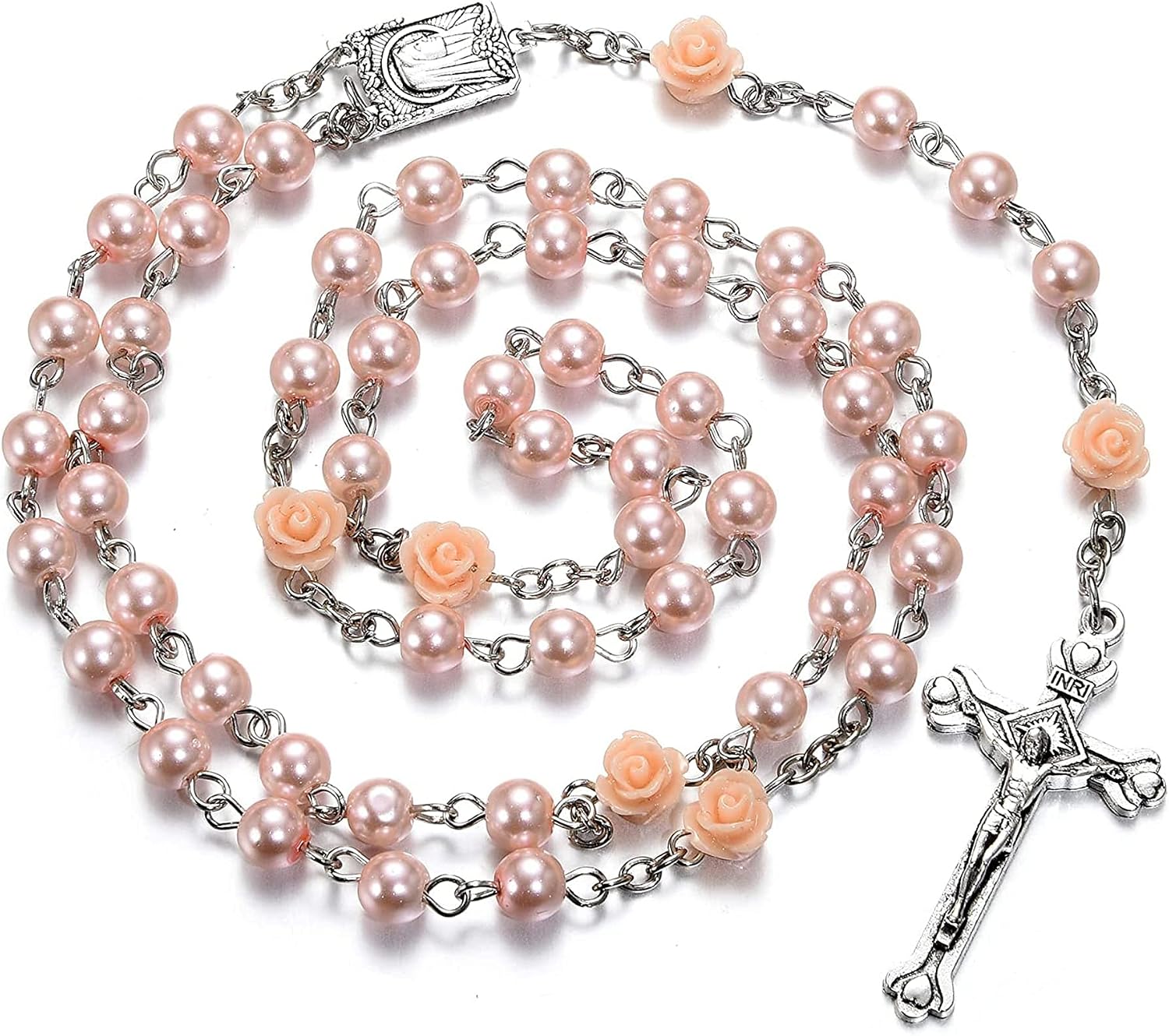 Rosary Beads Catholic Necklace Holy Soil Medal Cross Crucifix with Metal Box and 18pcs Prayer Cards