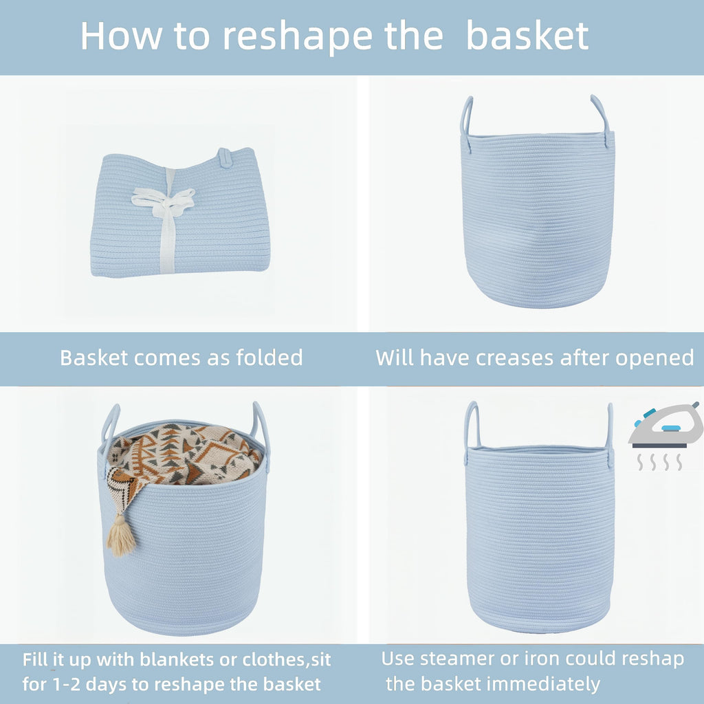 Cotton Rope Laundry Basket Hamper for Clothes, light blue