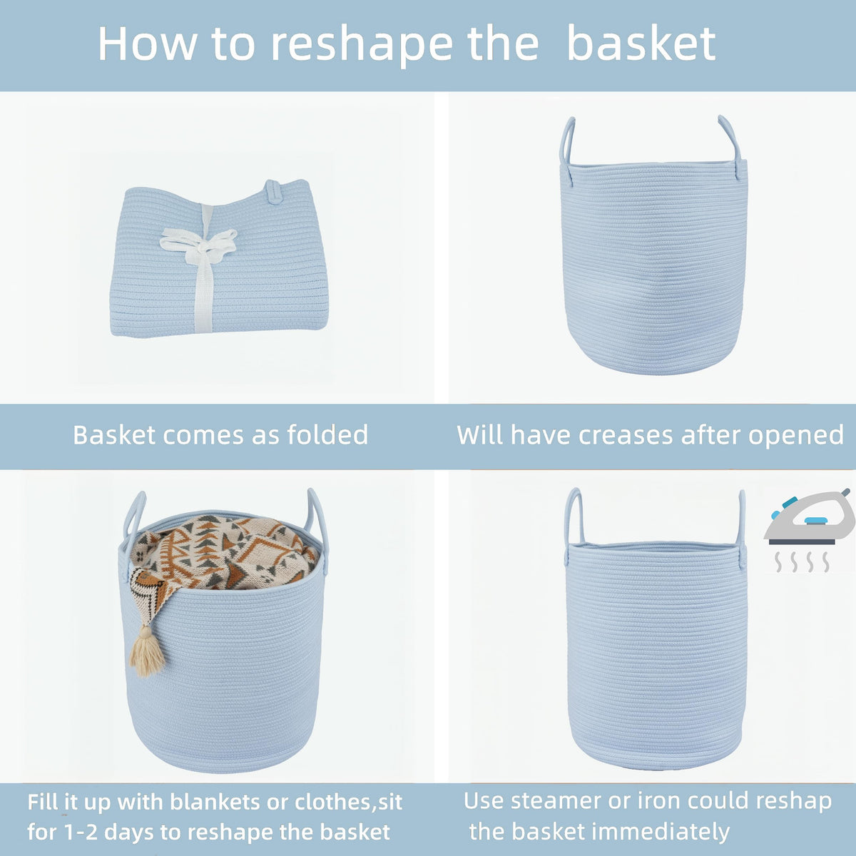 Cotton Rope Laundry Basket Hamper for Clothes, light blue