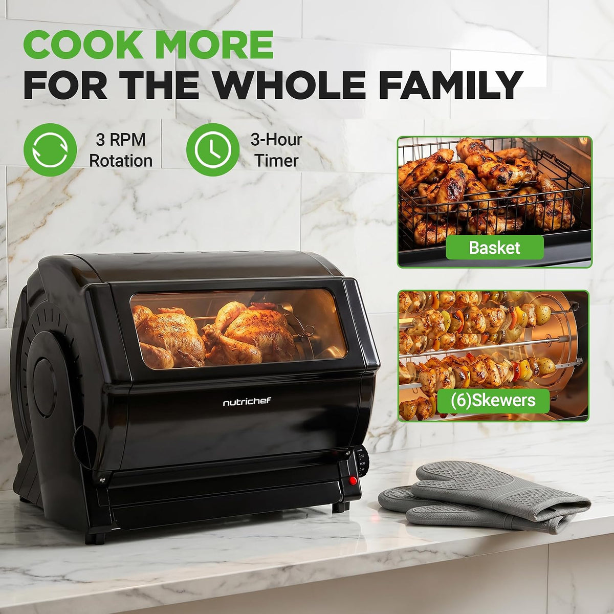 Horizontal Rotating Shawarma Oven | Rotisserie, Shawarma & Kebab Machine | Includes Large 22.4 Quart Capacity, 3-Hour