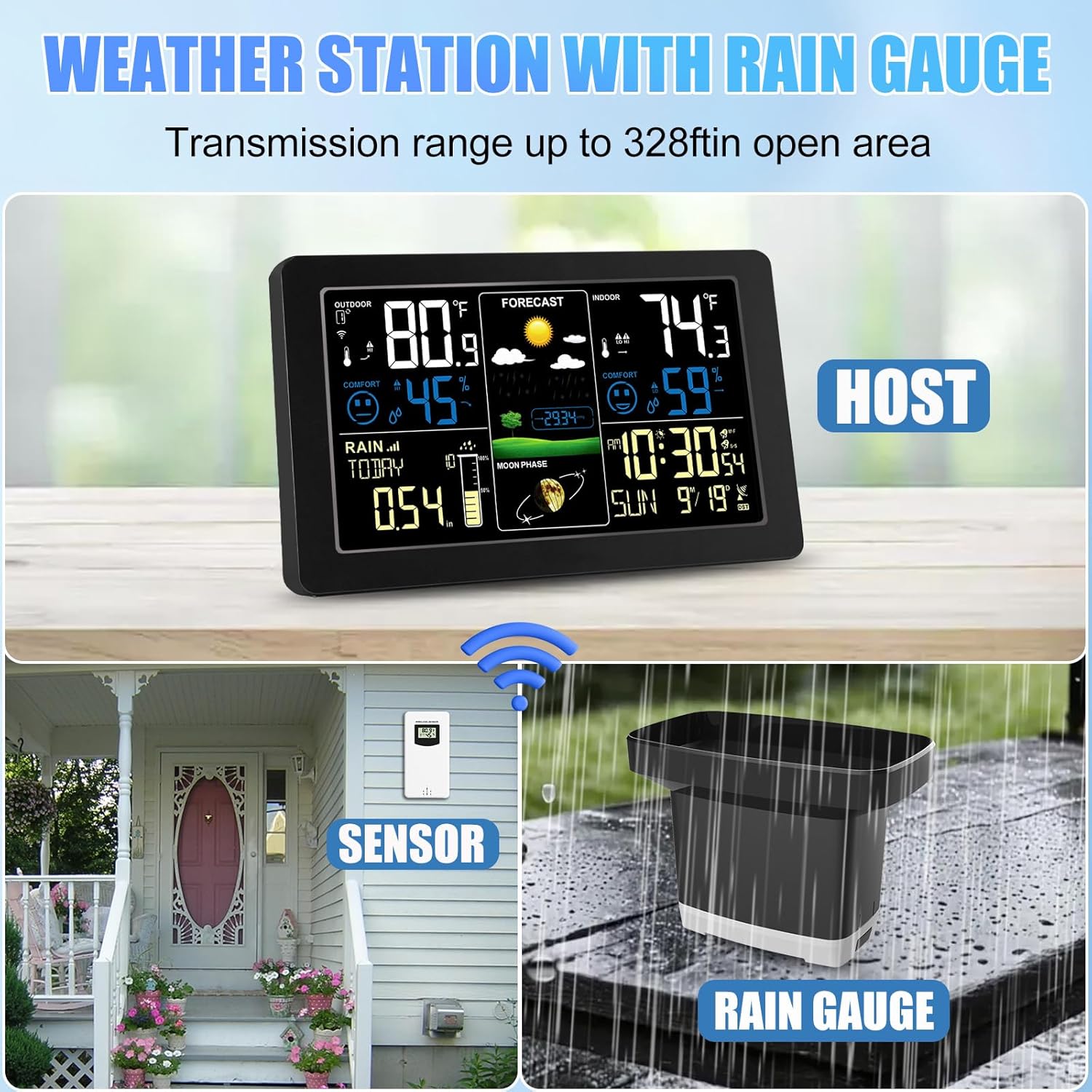 Digital Rain Gauge and Weather Station, Wireless Rain Gauge Outdoor, Home Weather Stations Wireless Indoor Outdoor