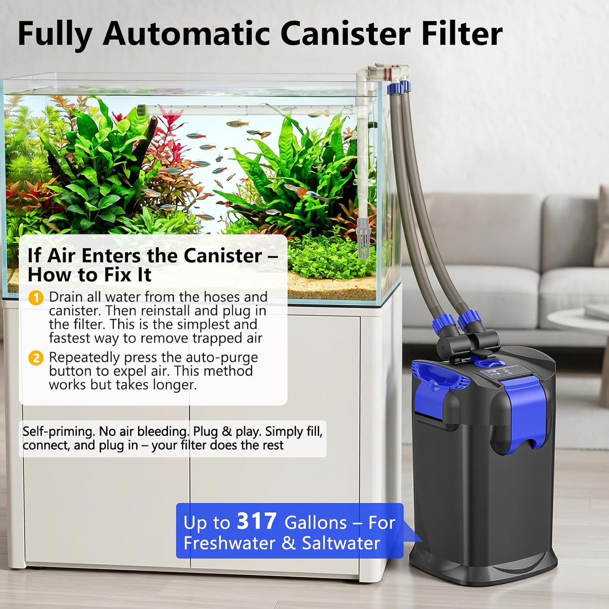Canister Filters,317GPH Self-Priming External Fish Tank Filter