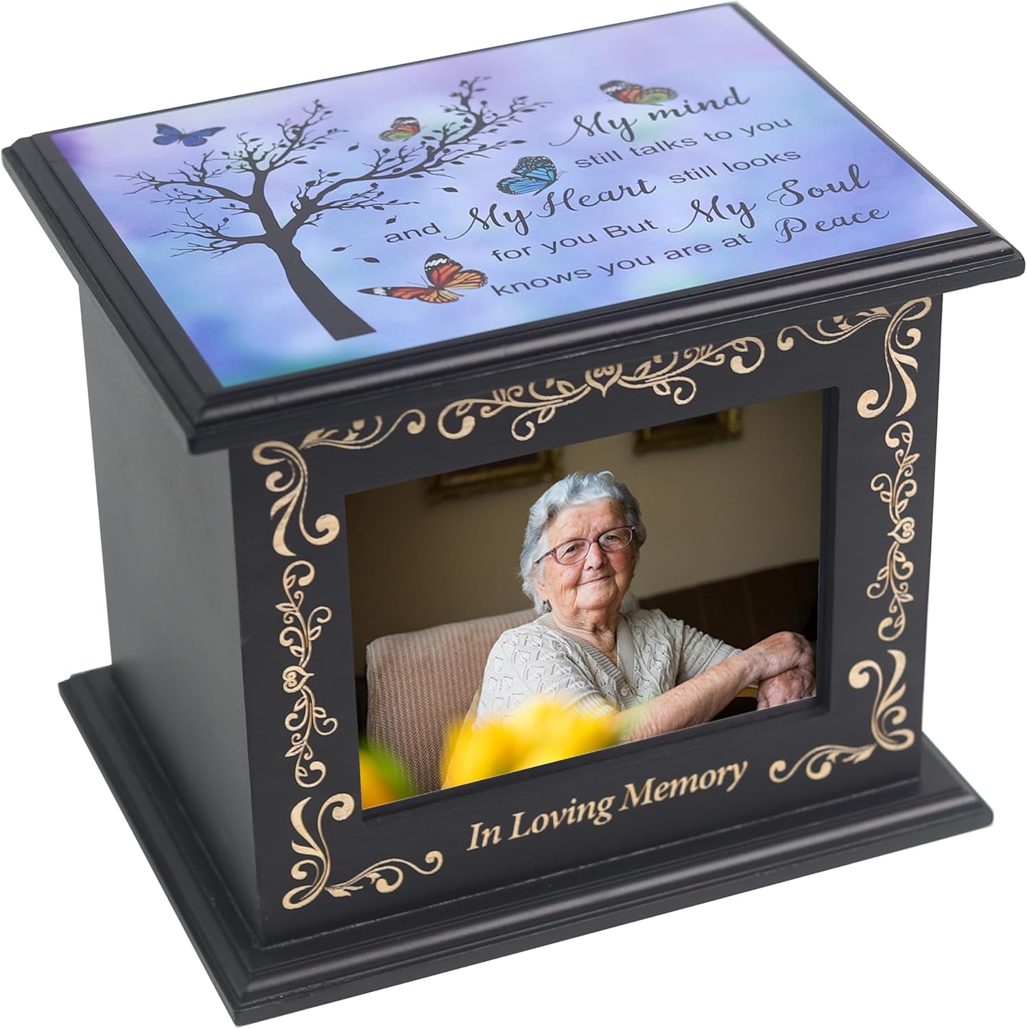 Wooden Urn Box for Ashes Cremation Urns for Human Ashes Adult Male or Female, Memorial Keepsake Urns with Photo