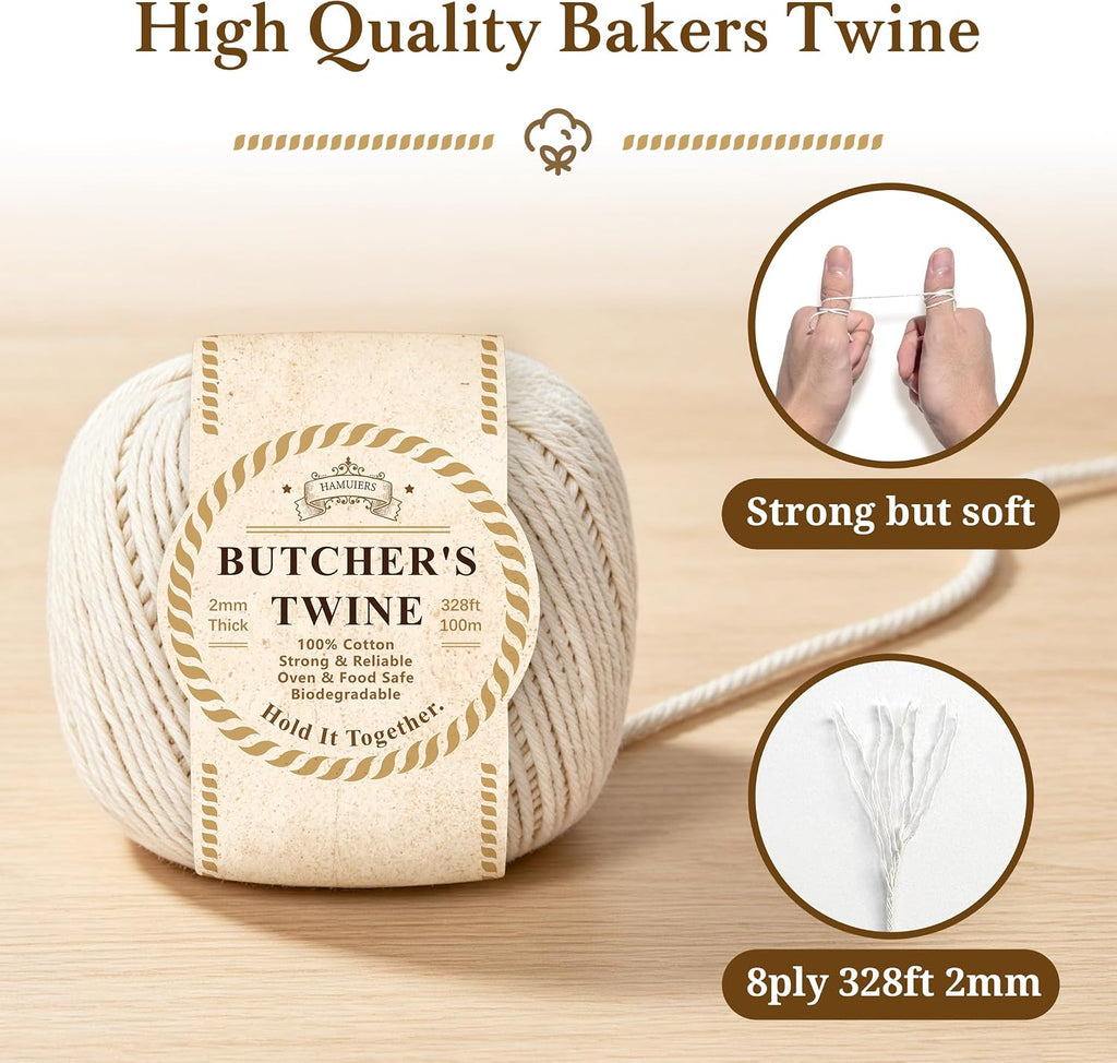 Cotton Butcher Twine 328 Feet, 2mm Kitchen String for Cooking Baker (Beige)