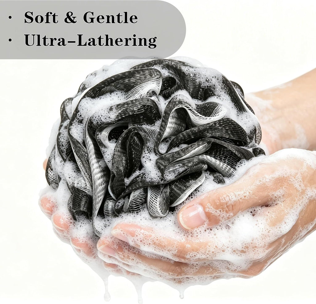 Bath Loofah Sponge 70 Grams Large Size, Black Soft Mesh Long-Lasting Shower Loofah for Rich Lather, 5 Pack Shower