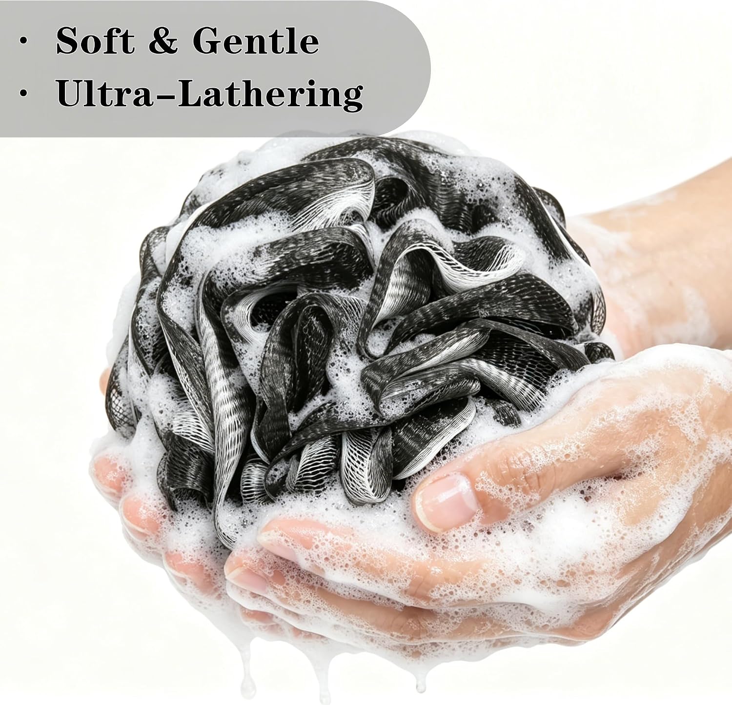 Bath Loofah Sponge 70 Grams Large Size, Black Soft Mesh Long-Lasting Shower Loofah for Rich Lather, 5 Pack Shower
