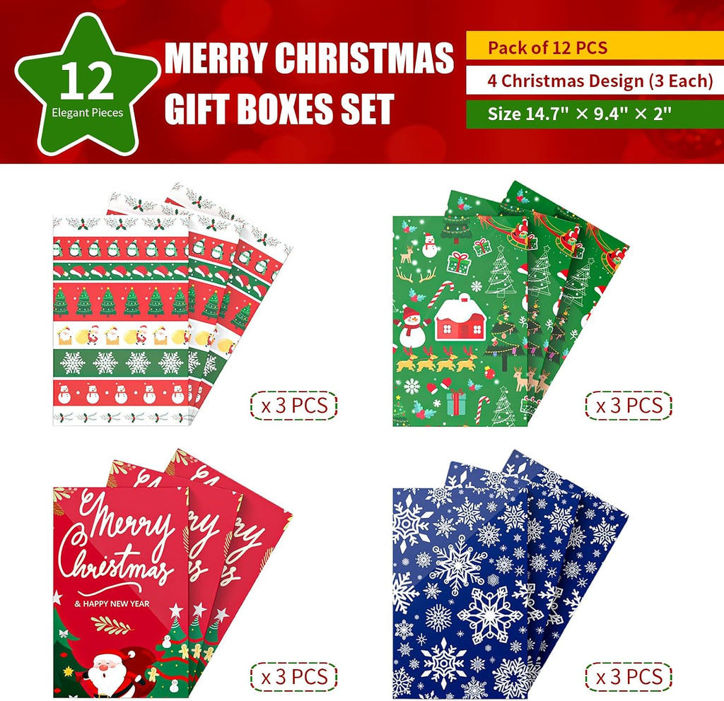 12 Pack Christmas Gift Boxes with Lids, Patterned Shirt Clothes Boxes(12 Clothing Gift Boxes, 4 Designs: 3 Pieces Per