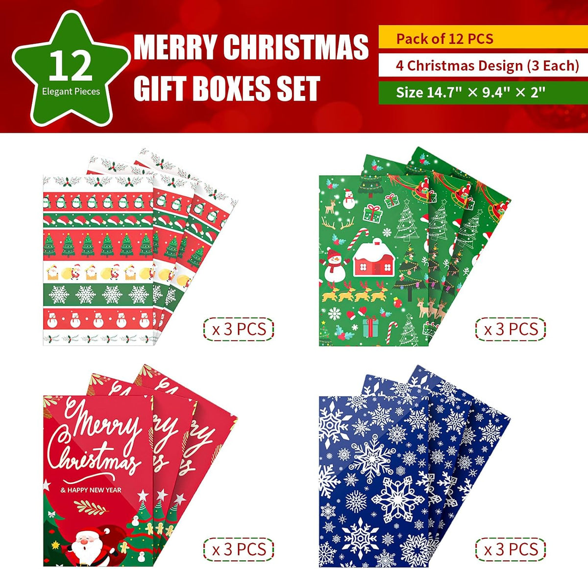 12 Pack Christmas Gift Boxes with Lids, Patterned Shirt Clothes Boxes(12 Clothing Gift Boxes, 4 Designs: 3 Pieces Per