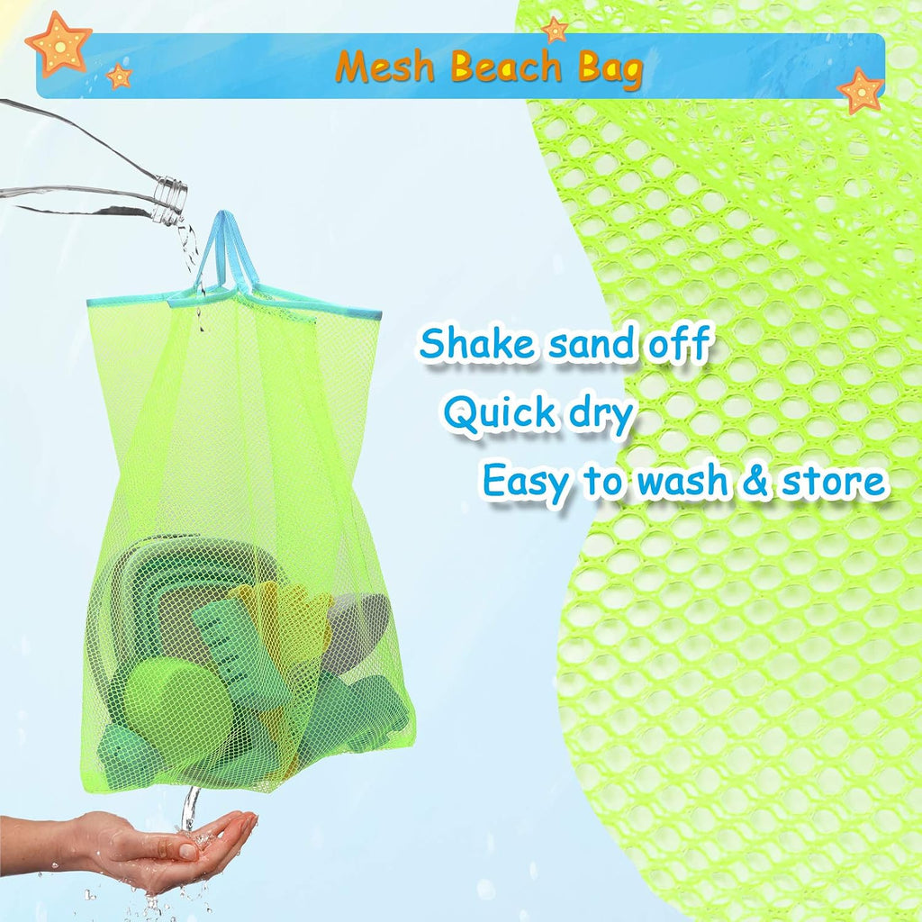 Beach Toys with Collapsible Bucket，Mesh Bag for Kids Ages 3-12 | Sand Castle Building Kit, Decor Flags for Sandbox
